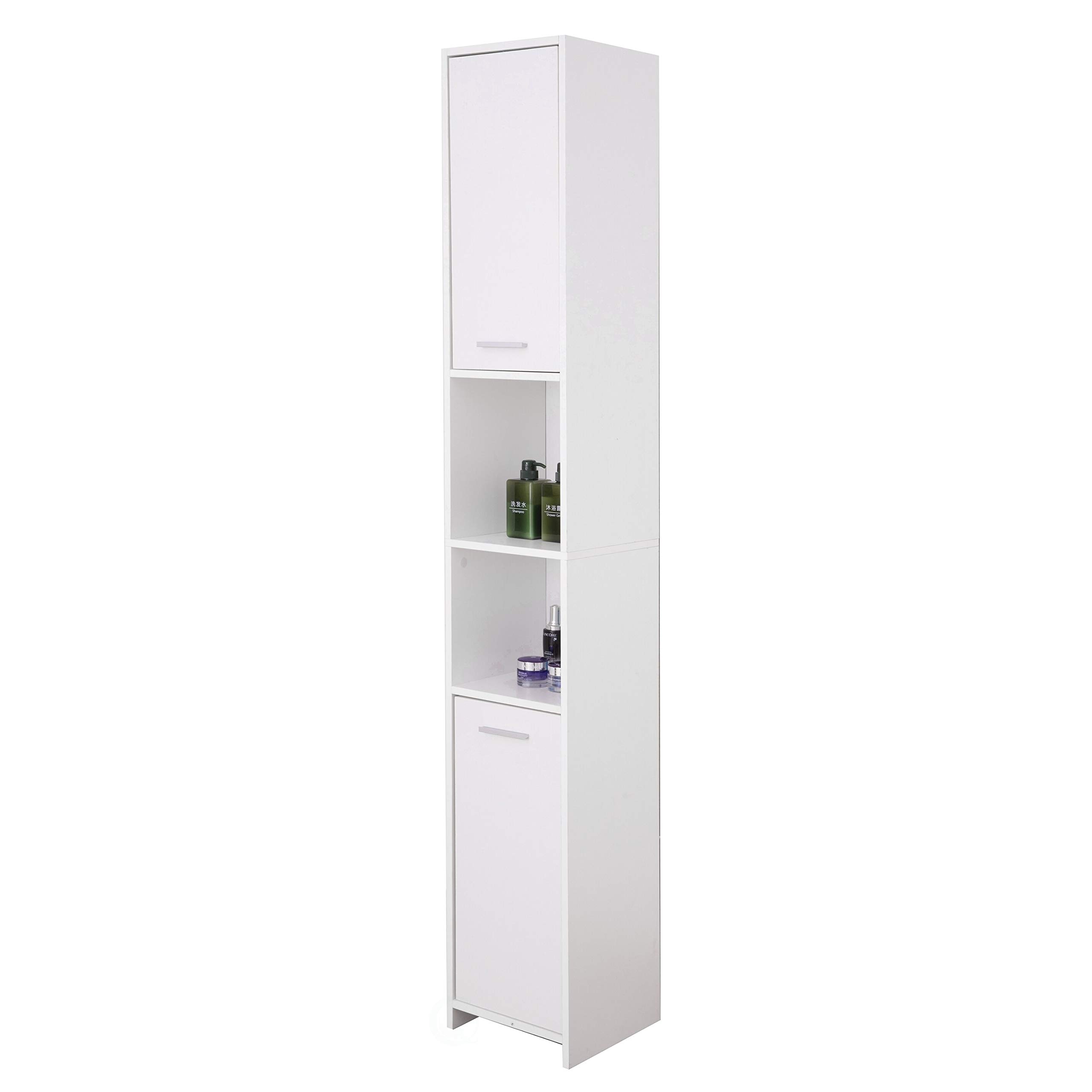 Basicwise White Standing Bathroom Linen Tower Storage Cabinet - Organize Towels, Toiletries & Bath Essentials - Perfect for Small Bathrooms, Apartments & Dorm Rooms