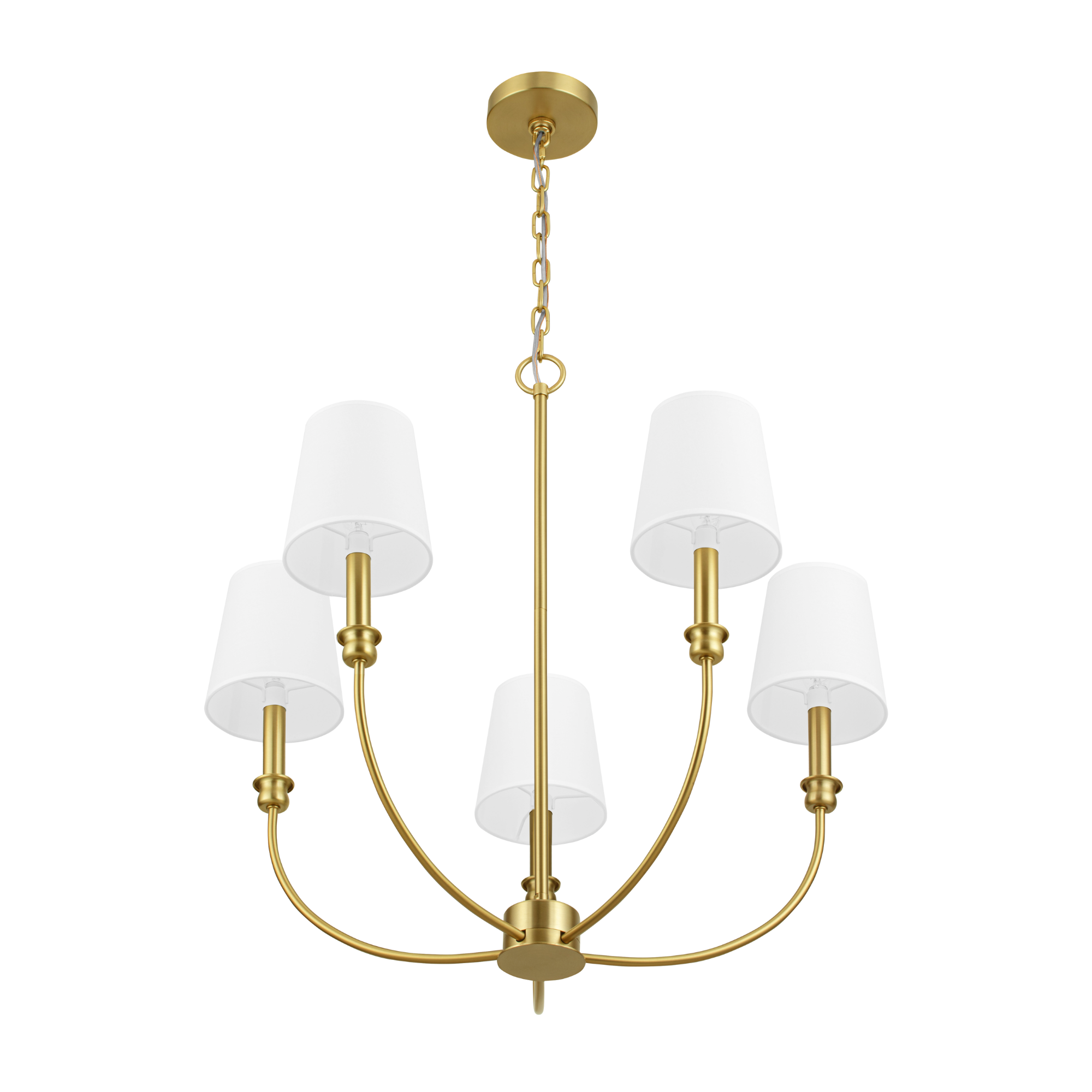 5-Light Brushed Gold Billet Chandelier with Fabric Shades - Modern Ceiling Light Fixture for Dining Room, Living Room, Bedroom & Foyer Decor