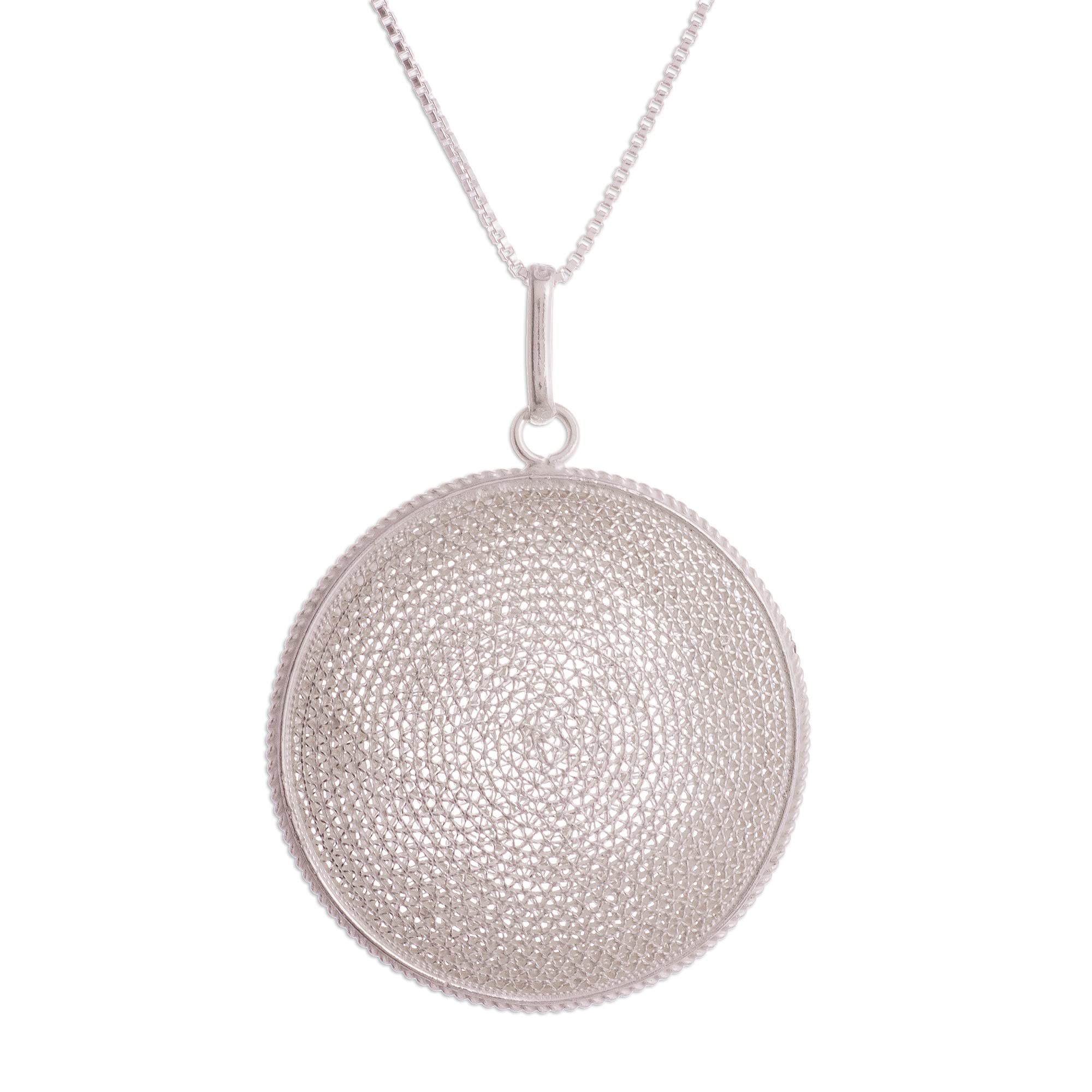 Handmade Sterling Silver Filigree Pendant Necklace - Artisanal Moon Circular Design from Peru | 23.5
