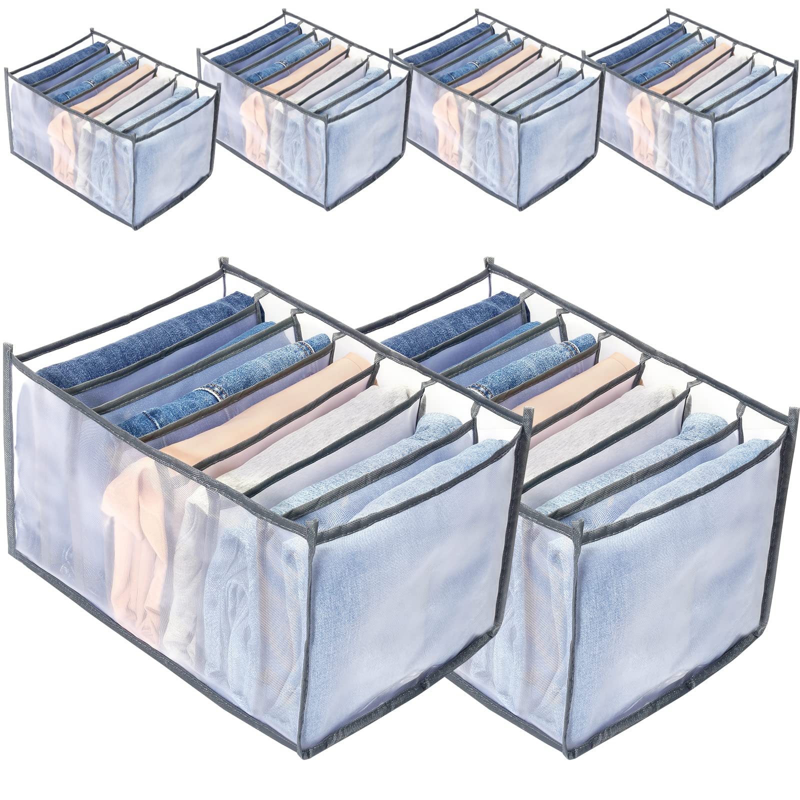 TOOVREN 7-Grid Mesh Drawer Organizer for Clothes - 6-Pack Foldable Storage Bins for Underwear, Pants, T-Shirts & Leggings | Wardrobe & Closet Organization Solution for Home, Dorm & Travel