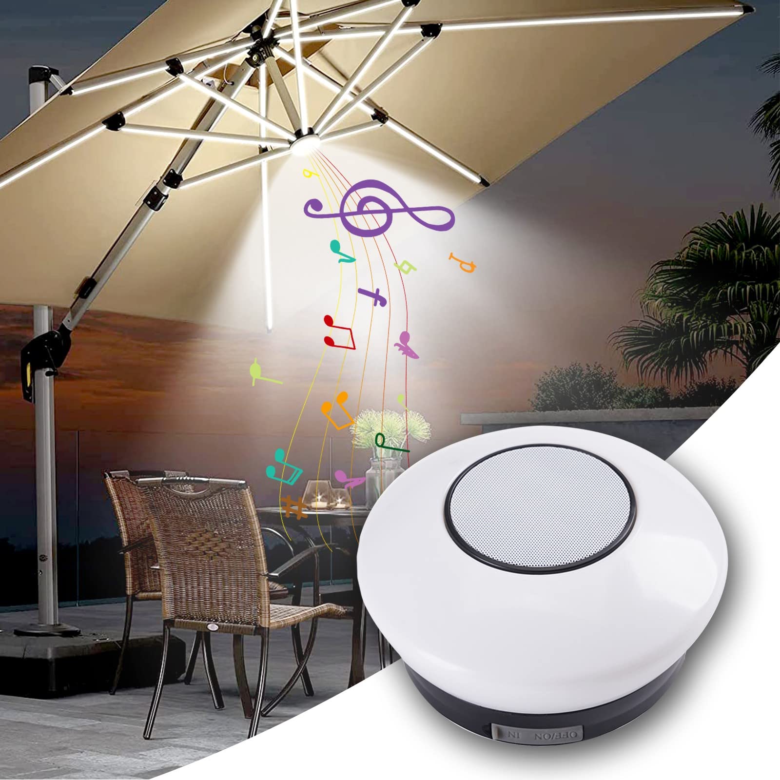 Rechargeable Patio Umbrella Lights with Bluetooth Speaker - 10 Modes for Outdoor, Garden & Camping