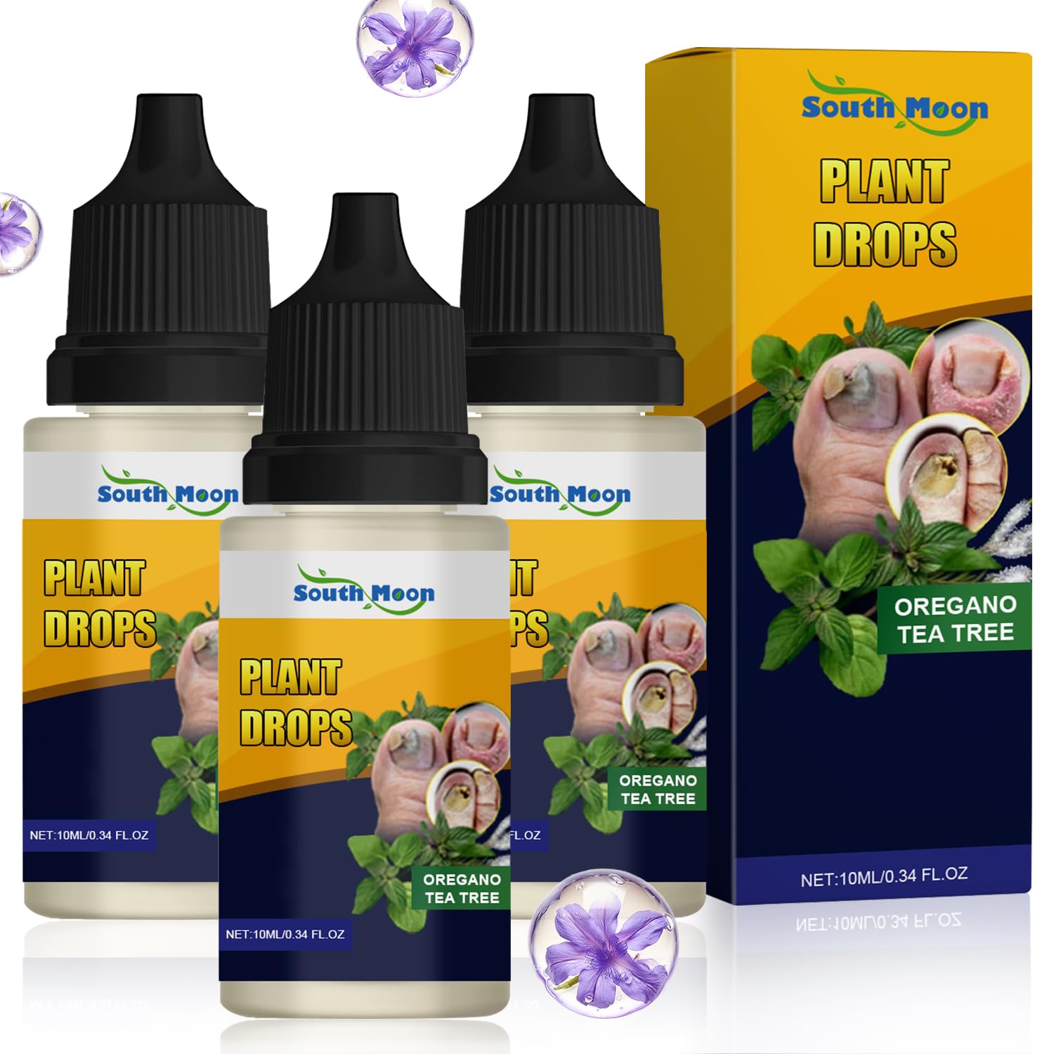 3PCS Plant Drops - Natural Oregano & Tea Tree Nail Care Oil (10ml/0.34 Fl.oz) for Repairing Damaged & Discolored Nails - Perfect for At-Home Manicures & Nail Restoration Treatments