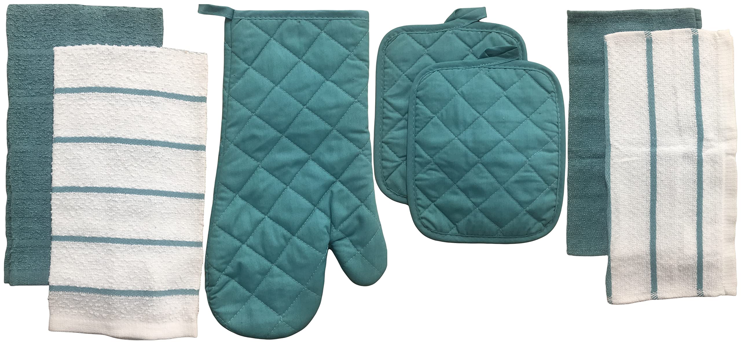 7-Piece Premium Cotton Kitchen Set - 2 Absorbent Towels, Heat-Resistant Oven Mitt, 2 Pot Holders & 2 Dishcloths (Aqua Blue) - Perfect for Cooking, Baking & Kitchen Decor