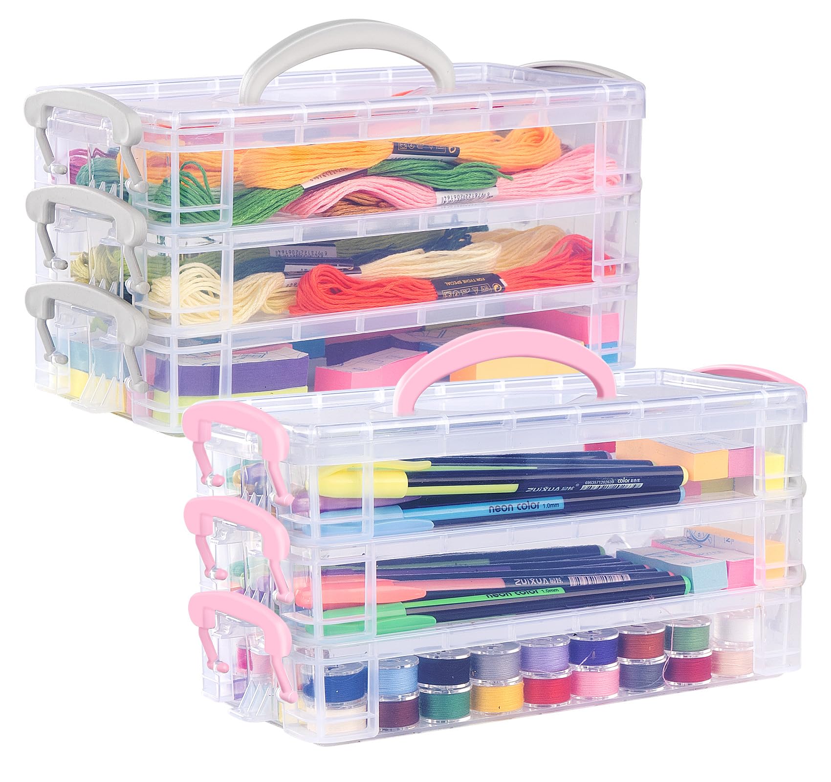Clear Plastic Storage Bins with Lids - 2 Pack, 3-Tier Stackable Organizer Containers with Handles for Home, Office, Craft Supplies (Pink & Grey) | Perfect for Pantry, Closet, Bathroom & Kids' Toy Organization