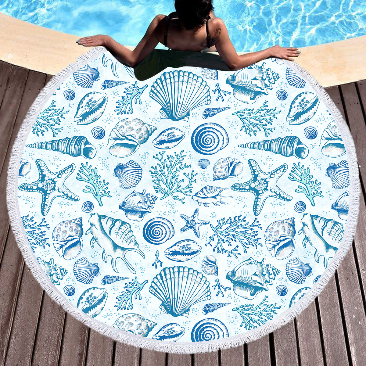 Premium Blue Seashells Round Beach Towel - Soft, Absorbent & Quick-Dry for Pool, Beach & Outdoor Adventures - Perfect for Summer Vacations, Picnics & Lounging by the Water