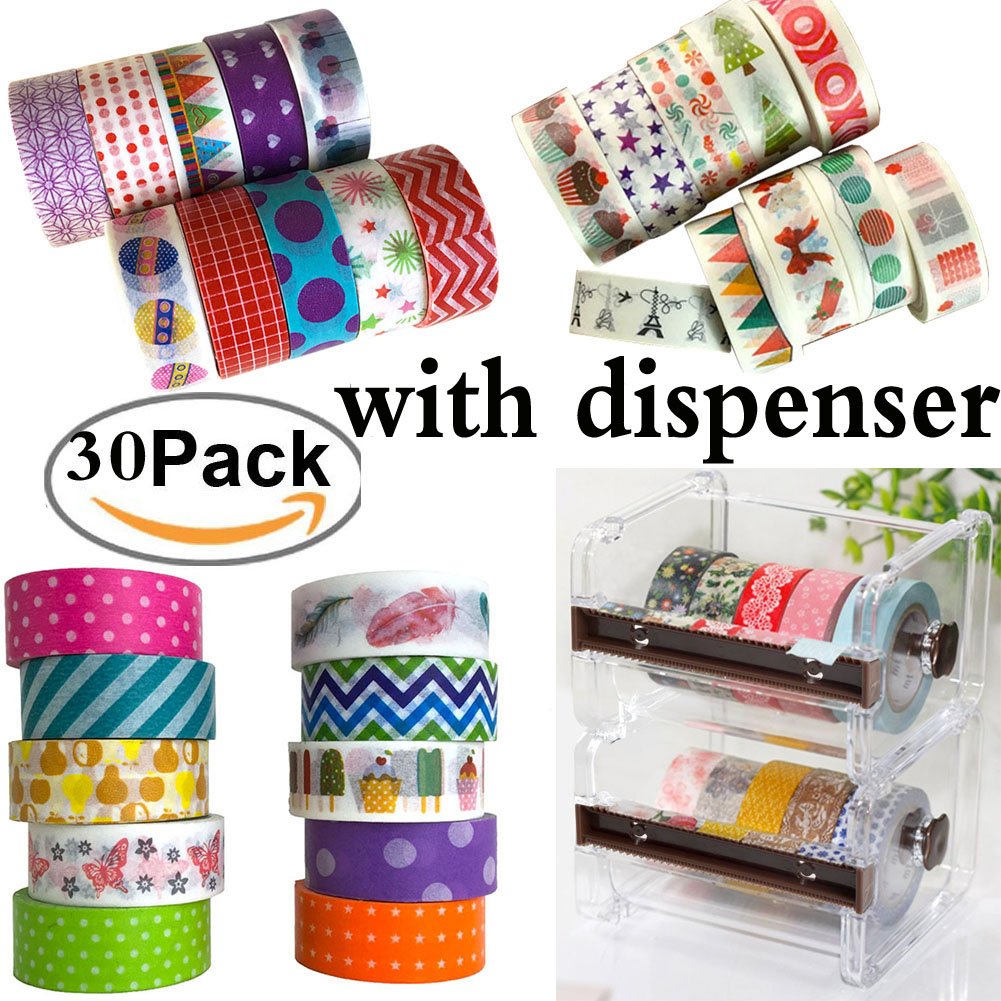 30 Rolls 15mm x 5m Decorative Washi Tape Set with 2 Dispensers - DIY Masking Adhesive Tapes for Scrapbooking, Journaling, Gift Wrapping & Home Decor - Brown Craft Tape Collection with Storage Organizer