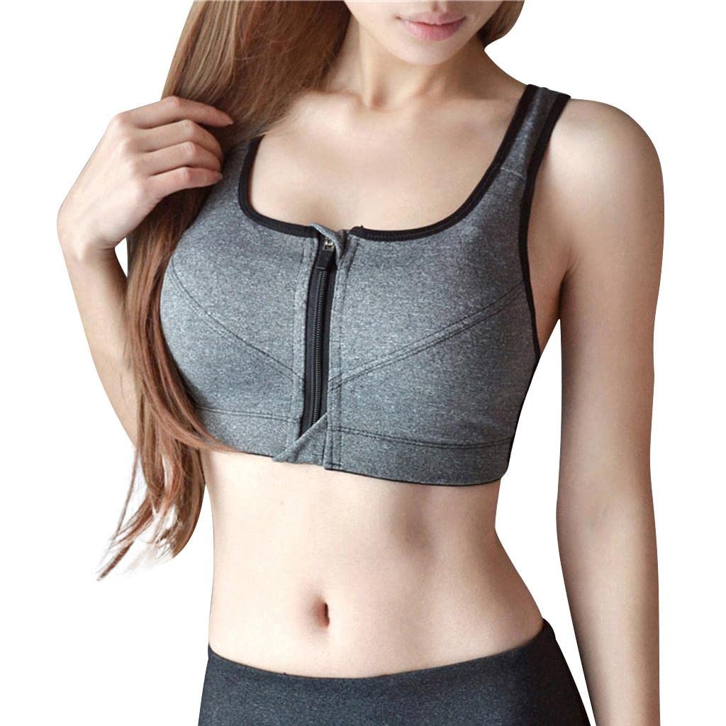 Women's Zip Front Sports Bra - Supportive Cross Back Wirefree Yoga Bra with Removable Pads - Racerback Push Up Crop Top for Workout, Running & Gym