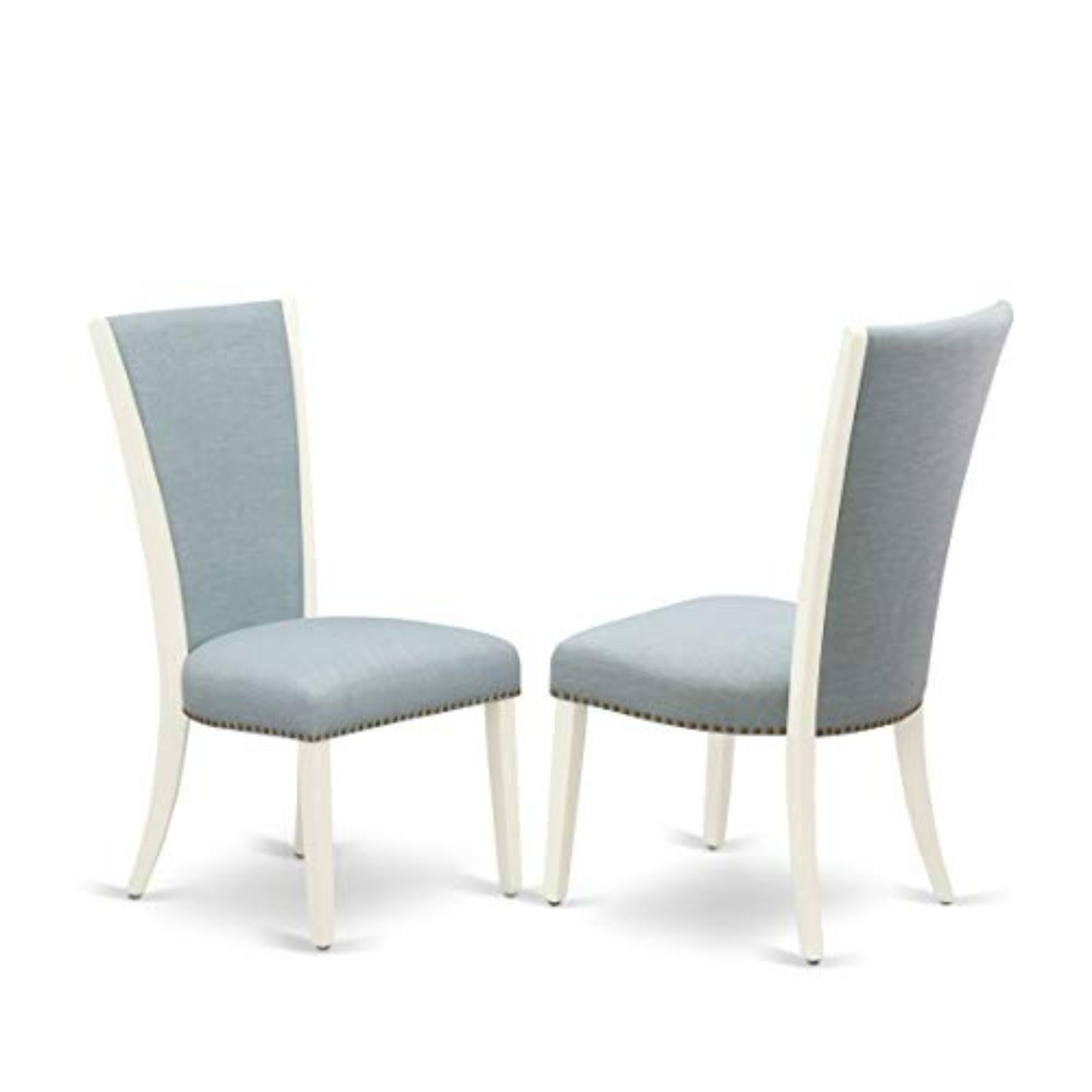 East West Furniture VEP2T15 Verona Parson Dining Chairs - Set of 2 Upholstered Chairs with Nailhead Trim in Baby Blue Linen Fabric, Elegant White Linen Finish - Perfect for Dining Room, Kitchen, or Breakfast Nook Decor