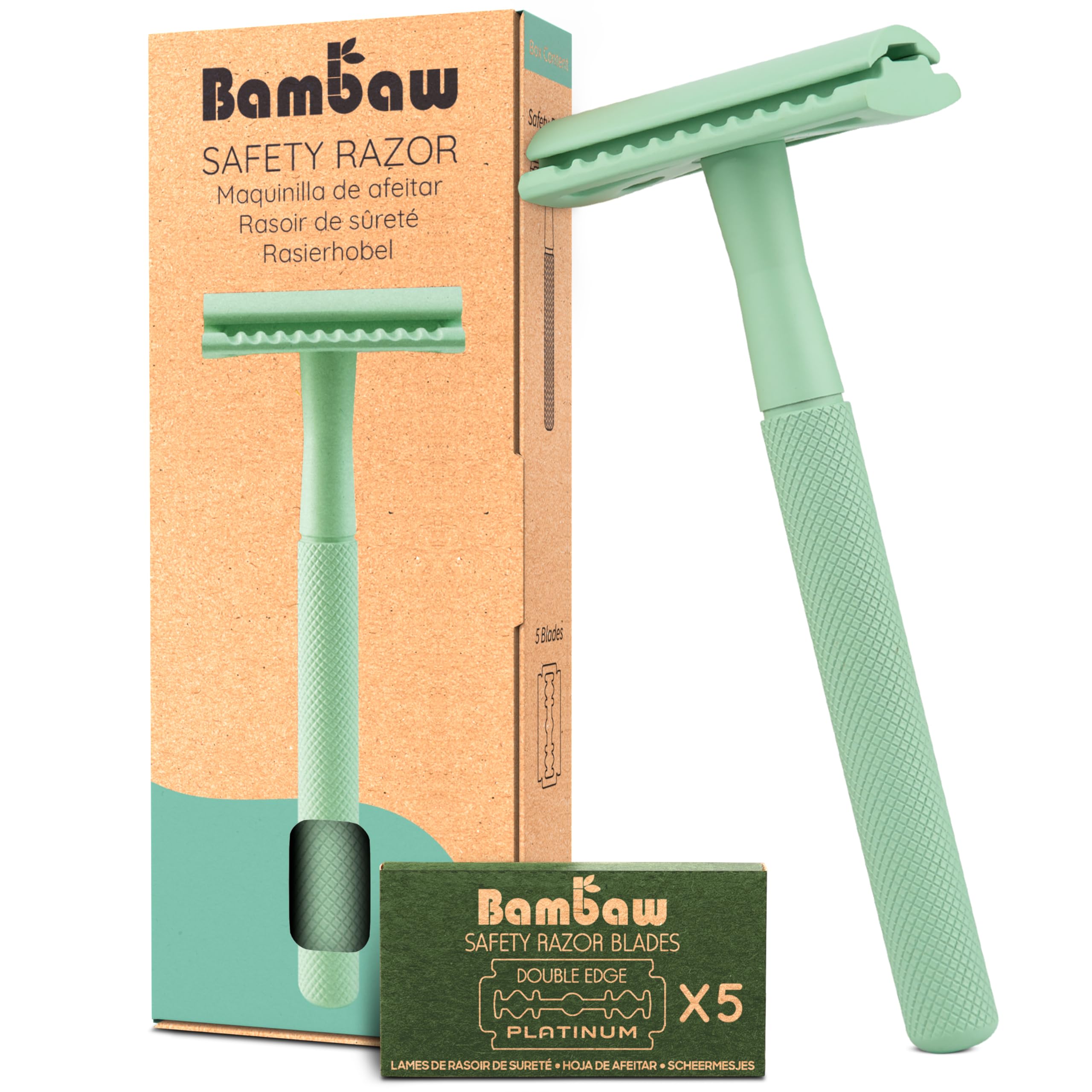 Bambaw Eco-Friendly Stainless Steel Double Edge Safety Razor for Women & Men - 5 Blades Included, Reusable & Plastic-Free (Mint Green) - Perfect for Sustainable Shaving at Home or Travel