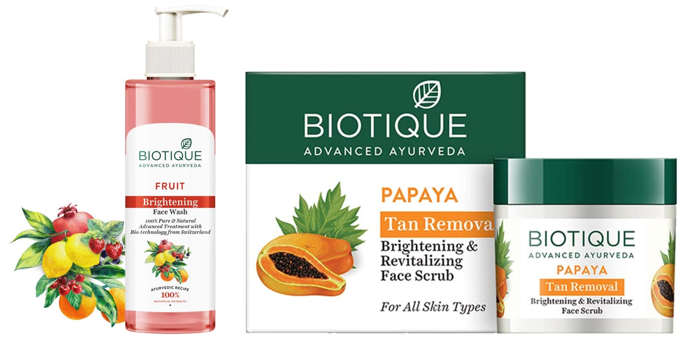 Biotique Bio White Advanced Fairness Face Wash 200ml & Bio Papaya Revitalizing Tan Removal Scrub 75g - Brightening & Exfoliating Skincare Set for Glowing Complexion | Perfect for Daily Cleansing & Weekly Exfoliation Routine