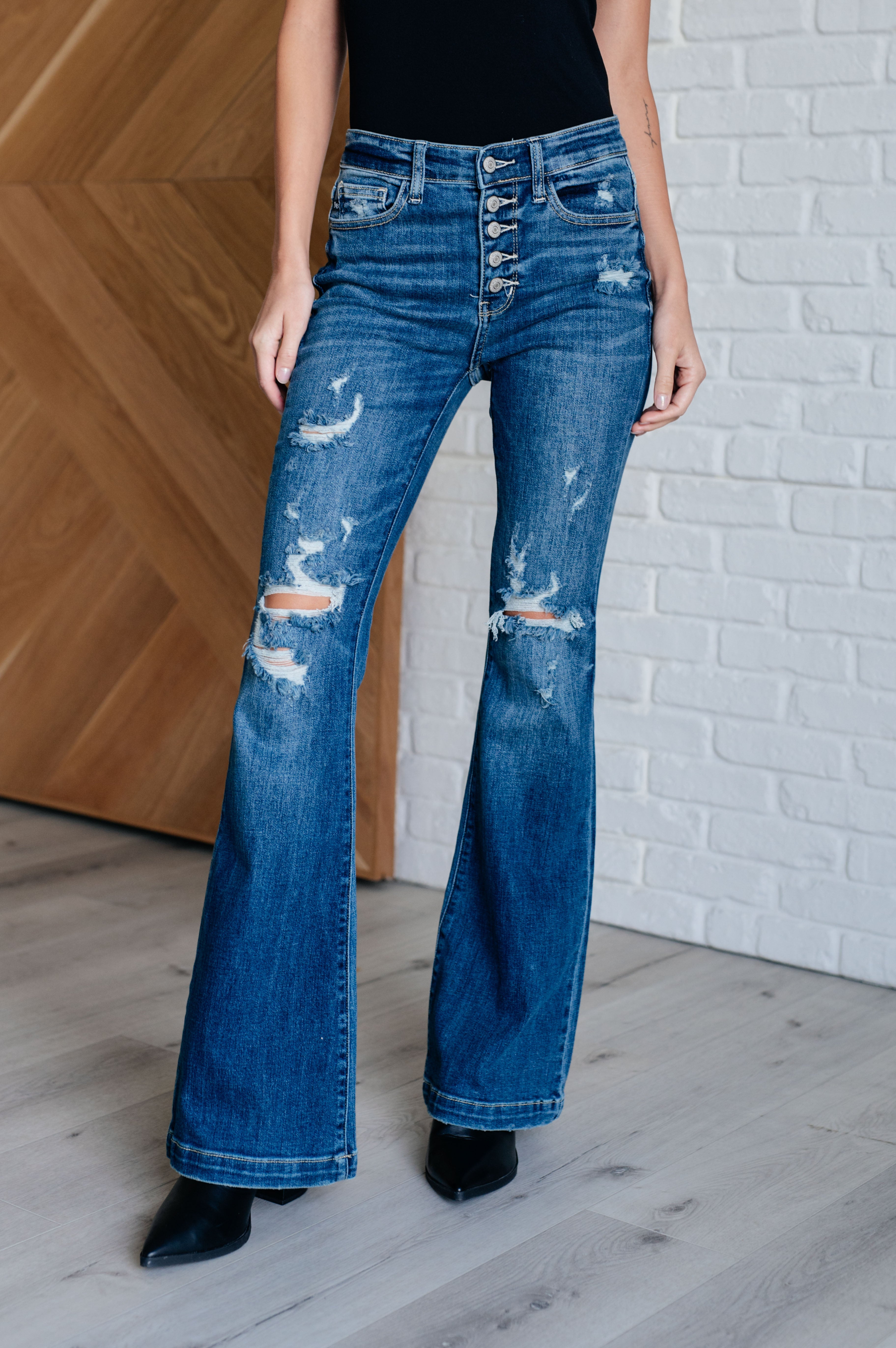 Gabriella Women's Mid Rise Distressed Button Fly Flare Jeans - Vintage Denim Pants for Casual Outfits & Street Style