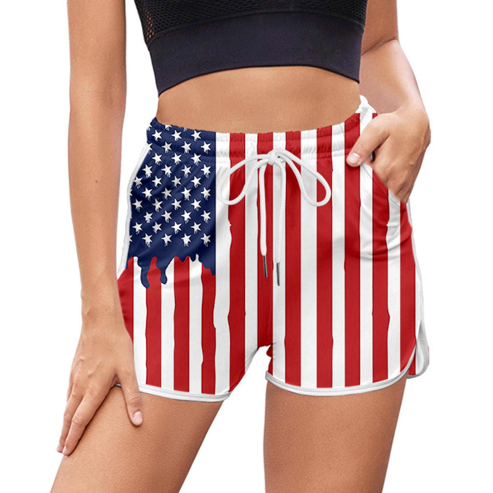 Women's High Waisted Yoga Shorts - Patriotic USA Flag Design for 4th of July, Cross Waist Workout Running Biker Shorts - Perfect for Yoga, Gym, Running & Outdoor Sports
