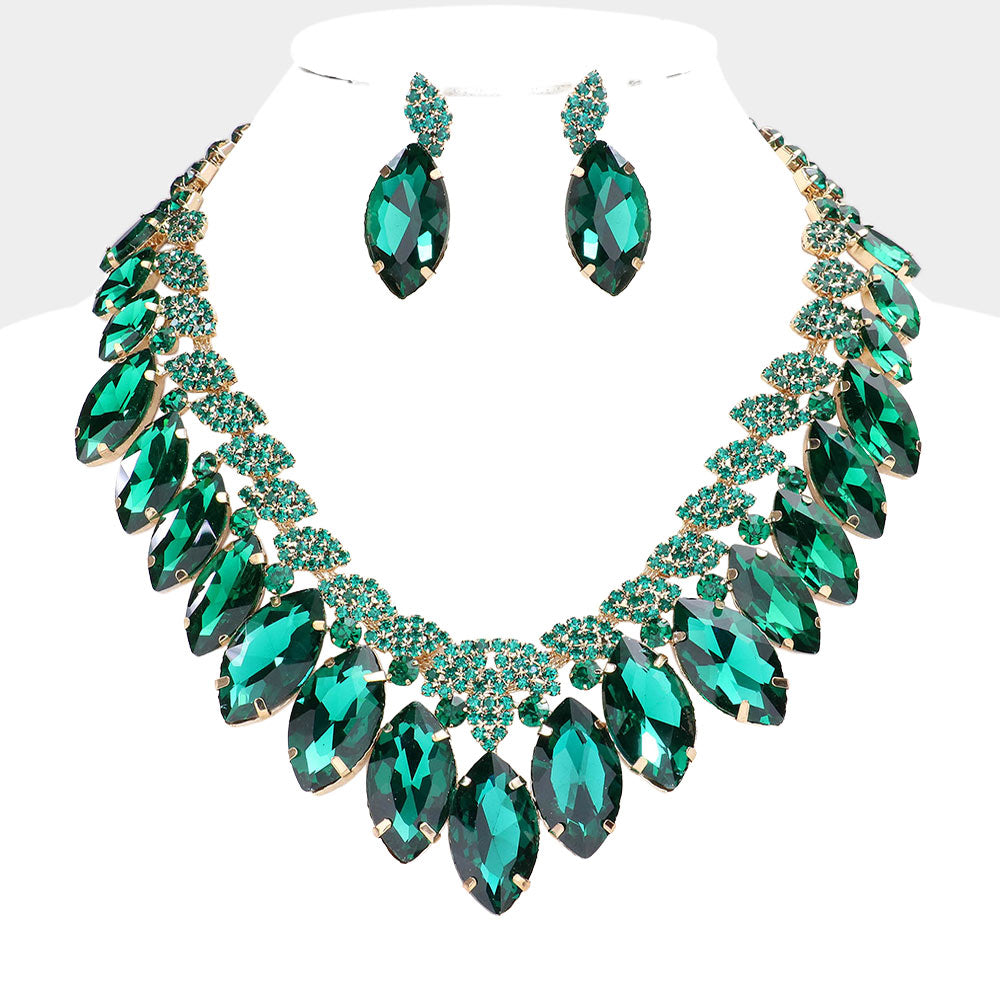 Emerald Crystal Marquise Stone Statement Necklace - Elegant Green Gemstone Jewelry for Women | Perfect for Weddings, Parties & Special Occasions | 584432