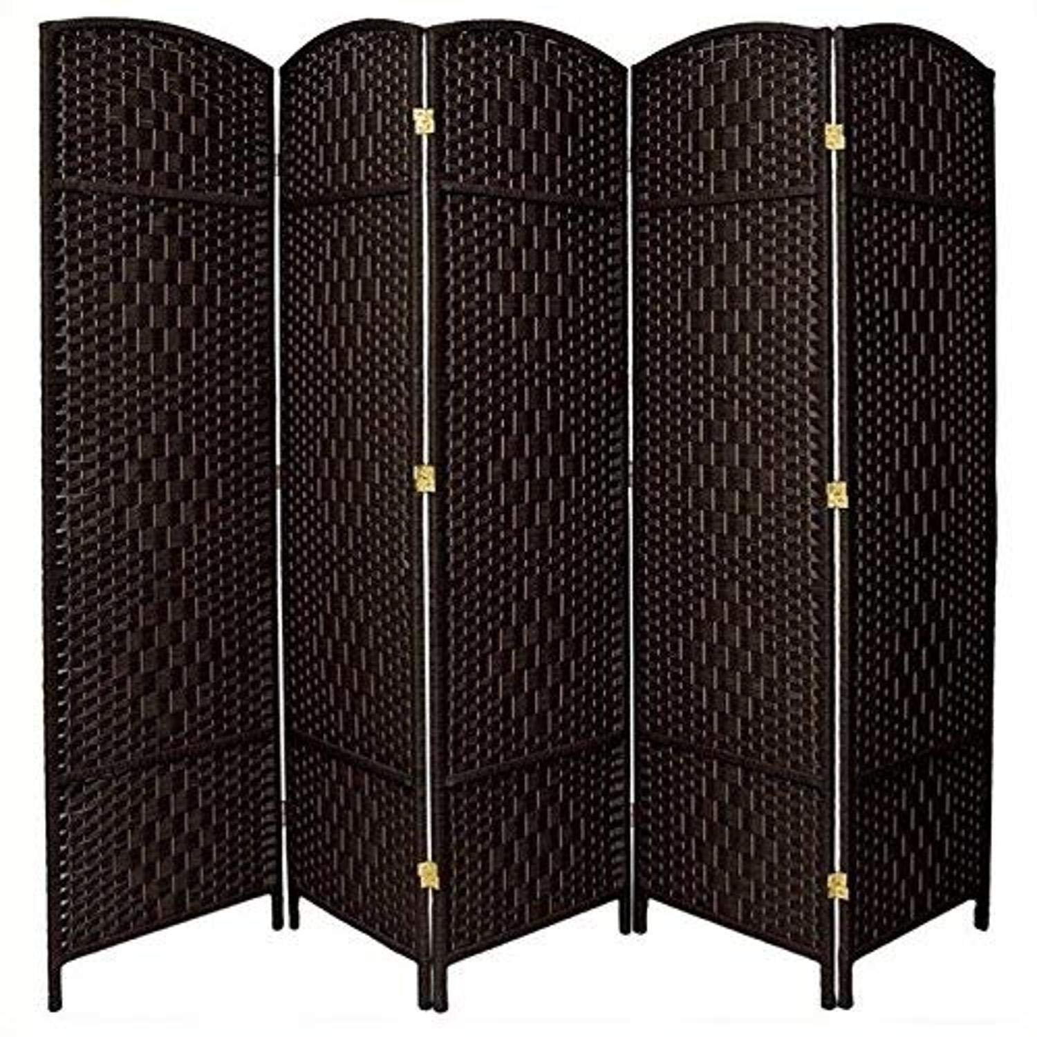 6 ft. Tall Black Diamond Weave Fiber Room Divider - 5 Panel Folding Privacy Screen for Home, Office & Studio - Oriental Furniture