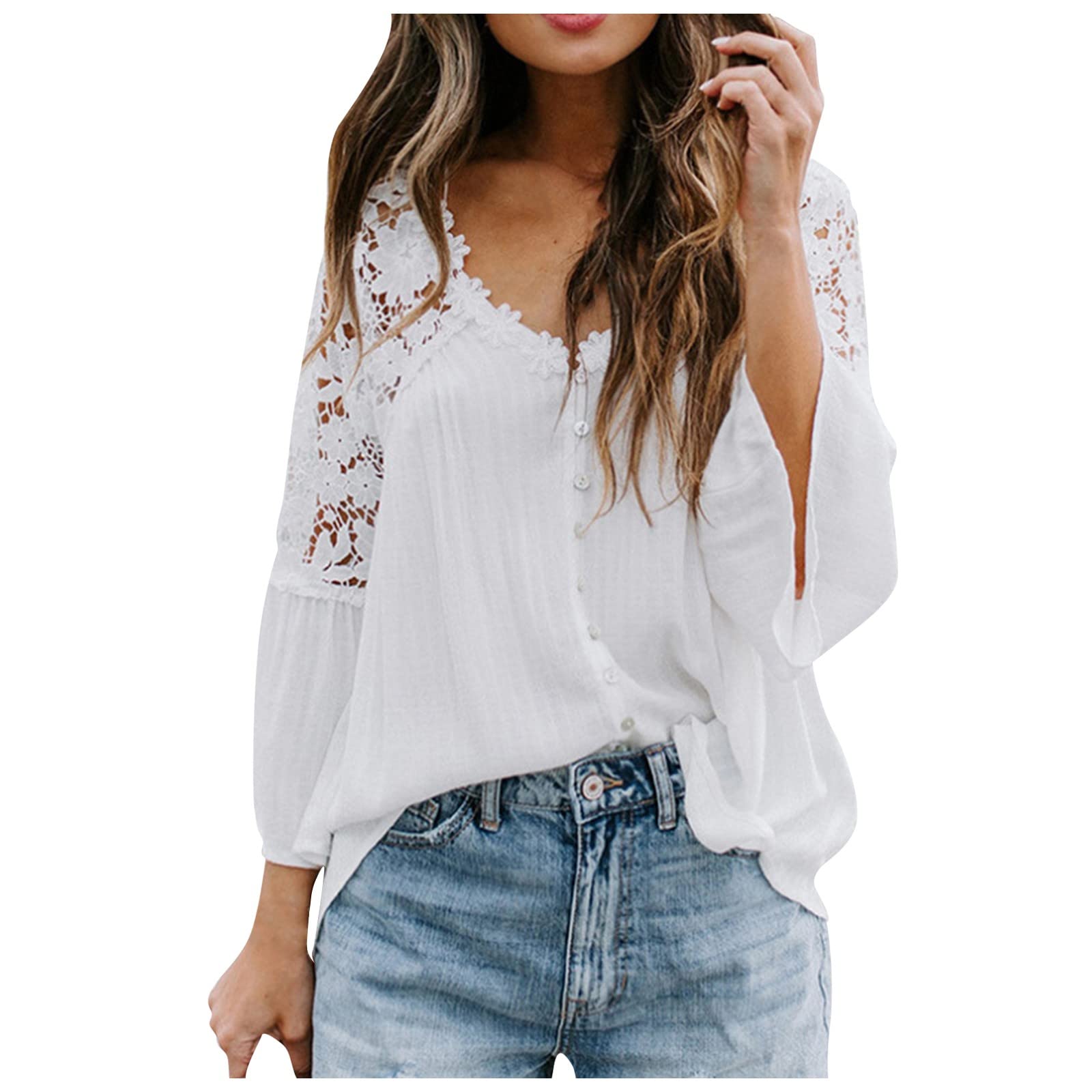 BISXOTY Women's Summer Casual V-Neck Lace Tunic Blouse - Pure Color Basic Tops for Trendy Outfits | Perfect for Beach, Office & Date Night Wear