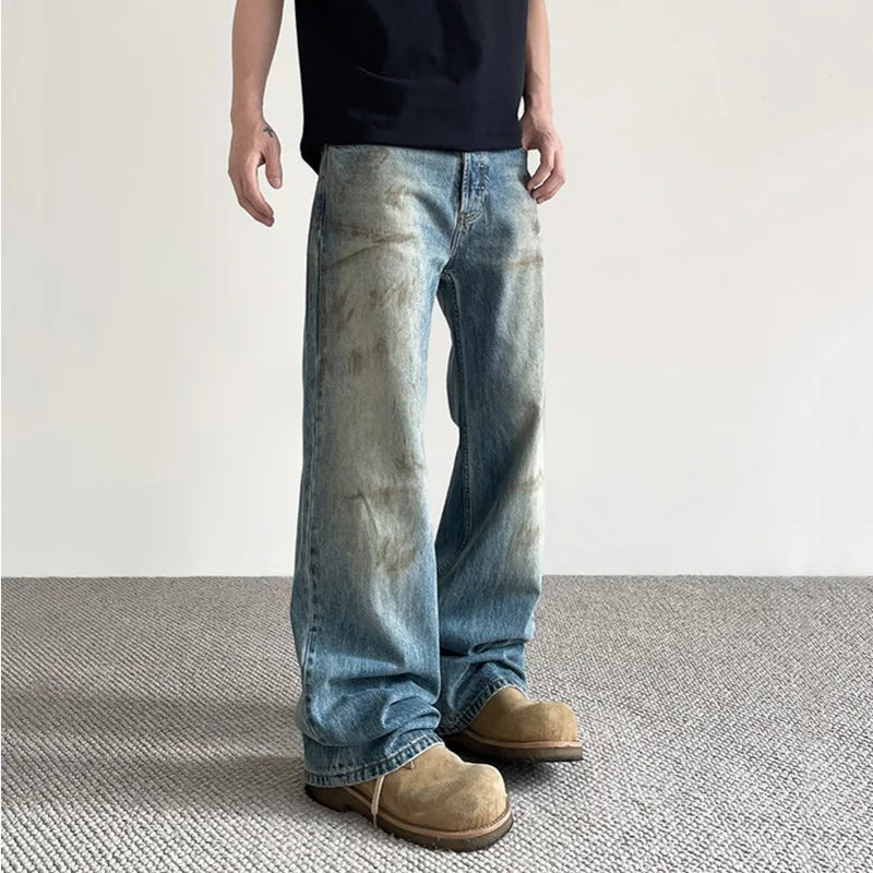 Vintage Tie-Dye High Waisted Flared Jeans for Men - American Streetwear Denim Pants with Distressed Design (Style 9W1481) | Perfect for Casual Wear, Music Festivals & Retro Fashion Outfits