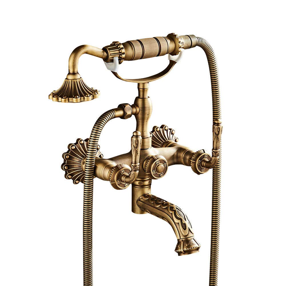 Polished Gold Bathtub Faucet with Hand Shower - 2 Hole Wall Mount Antique Brass Bathroom Shower System & Rainfall Shower Head - Perfect for Vintage & Luxury Bathroom Renovations