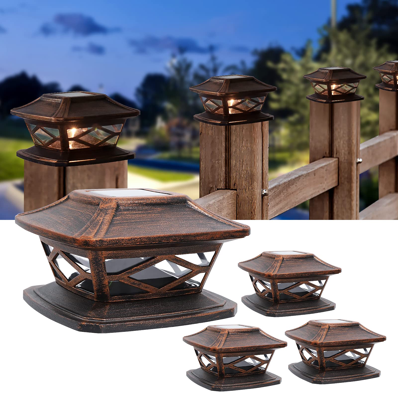 GOESWELL Solar Post Cap Lights Outdoor - LED Deck Fence Post Lights for 4x4 Wooden & Vinyl Posts - 2 Lighting Modes (Warm White & Cool White) - Waterproof Solar Powered Garden Lights - Perfect for Patio, Yard, Pathway & Landscape Decoration (Bronze)