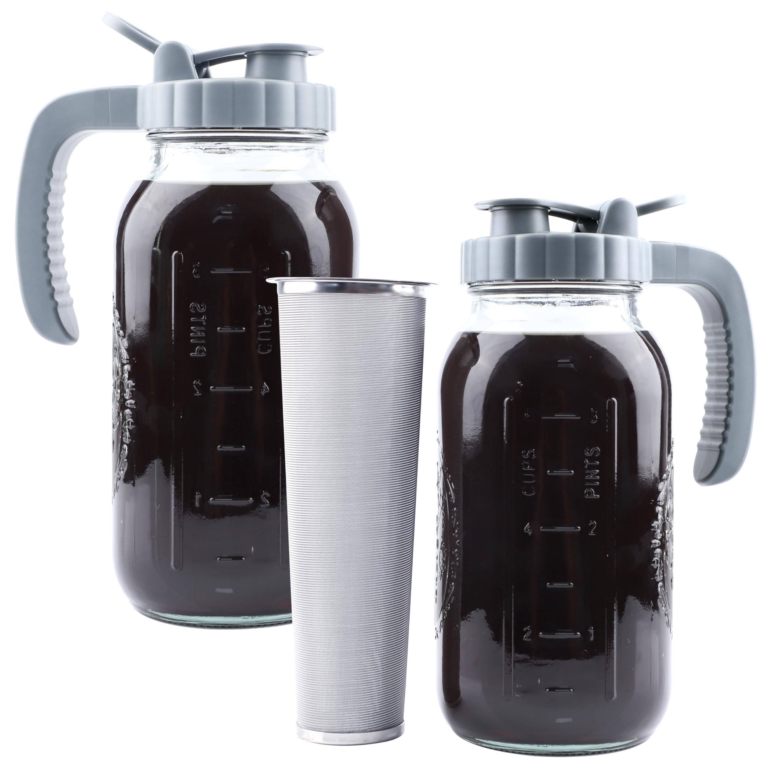 64oz Cold Brew Coffee Maker 2-Pack - Wide Mouth Mason Jar Pitcher with Infuser, Airtight Leakproof Lid & Handle - Perfect for Iced Coffee, Tea, and Cold Brew at Home or Office