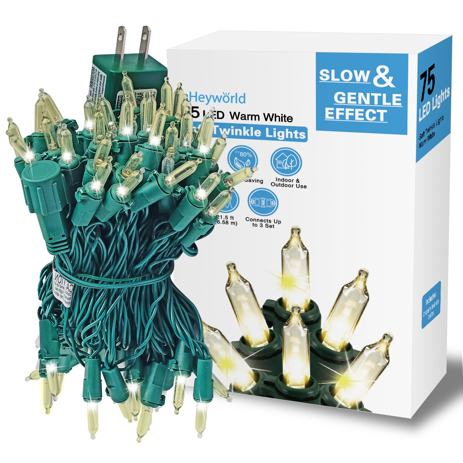 Heyworld Slow Twinkle Lights - 75 LED Gentle Twinkling Christmas String Lights with 37 Twinkling Bulbs | UL Certified Waterproof for Indoor & Outdoor Use | 28ft Length, Connect Up to 3 Sets | Perfect for Holiday Decor, Garden Parties, and Cozy Home Ambiance