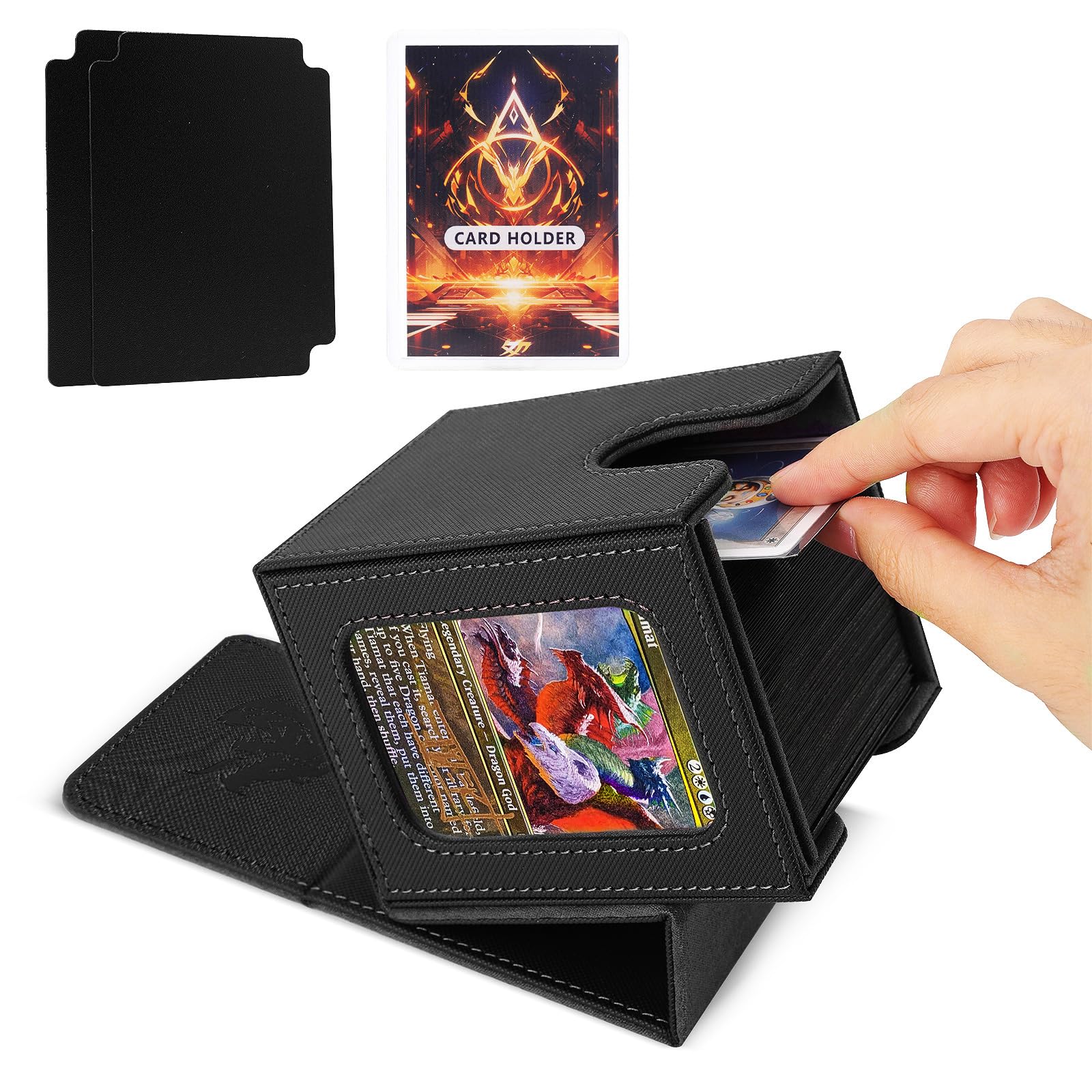 Premium MTG Commander Deck Box - Holds 100 Double Sleeved Cards with 2 Dividers & Toploader - Durable TCG Card Storage Case (Black) - Perfect for Magic: The Gathering Tournaments & Card Collection Display