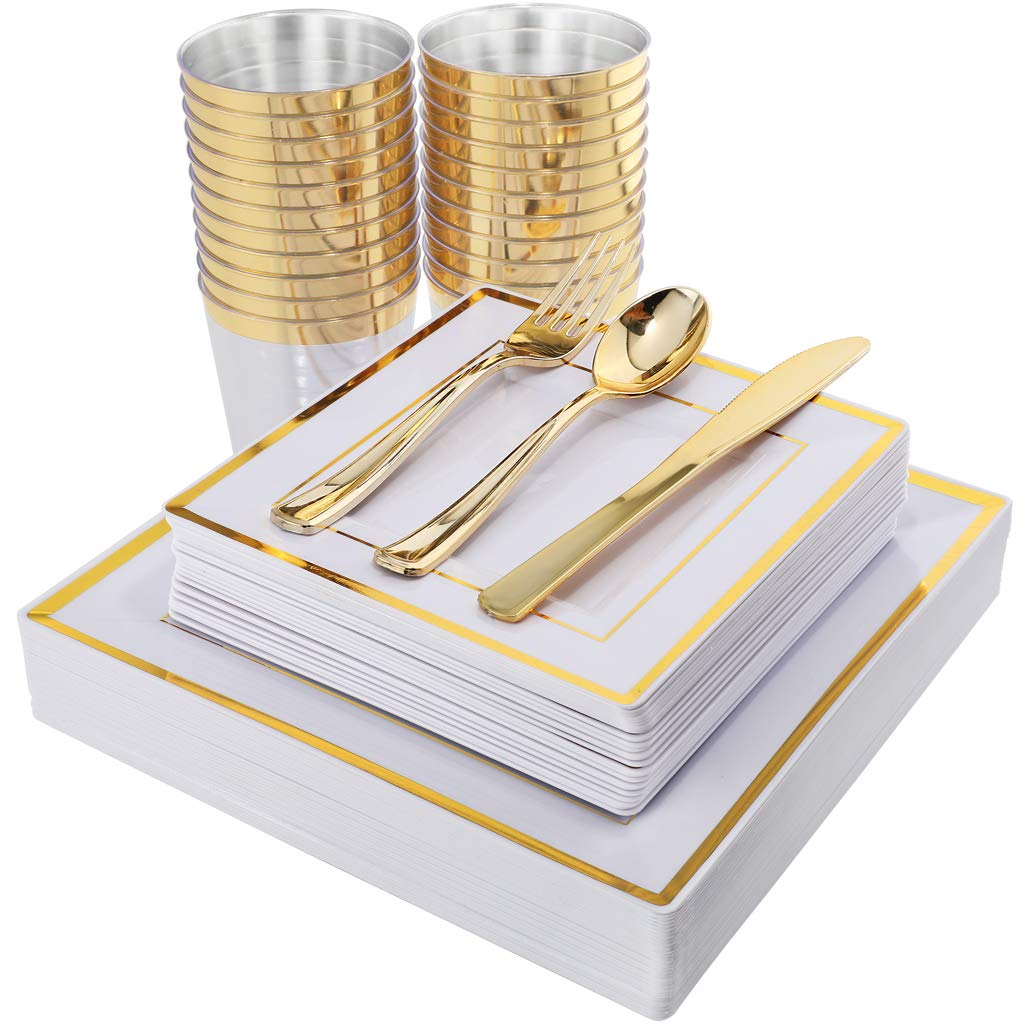 150-Piece Gold Square Disposable Dinnerware Set - 25 Gold Plastic Plates, Forks, Knives, Spoons & Cups - Elegant Party Tableware for Weddings, Birthdays & Events