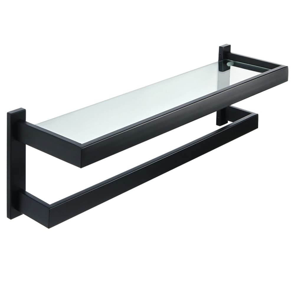 Premium 304 Stainless Steel Bathroom Glass Shelf with Towel Bar - Wall Mounted Shower Organizer & Kitchen Storage Holder (55cm, Black) - Perfect for Bathroom Organization & Small Space Storage