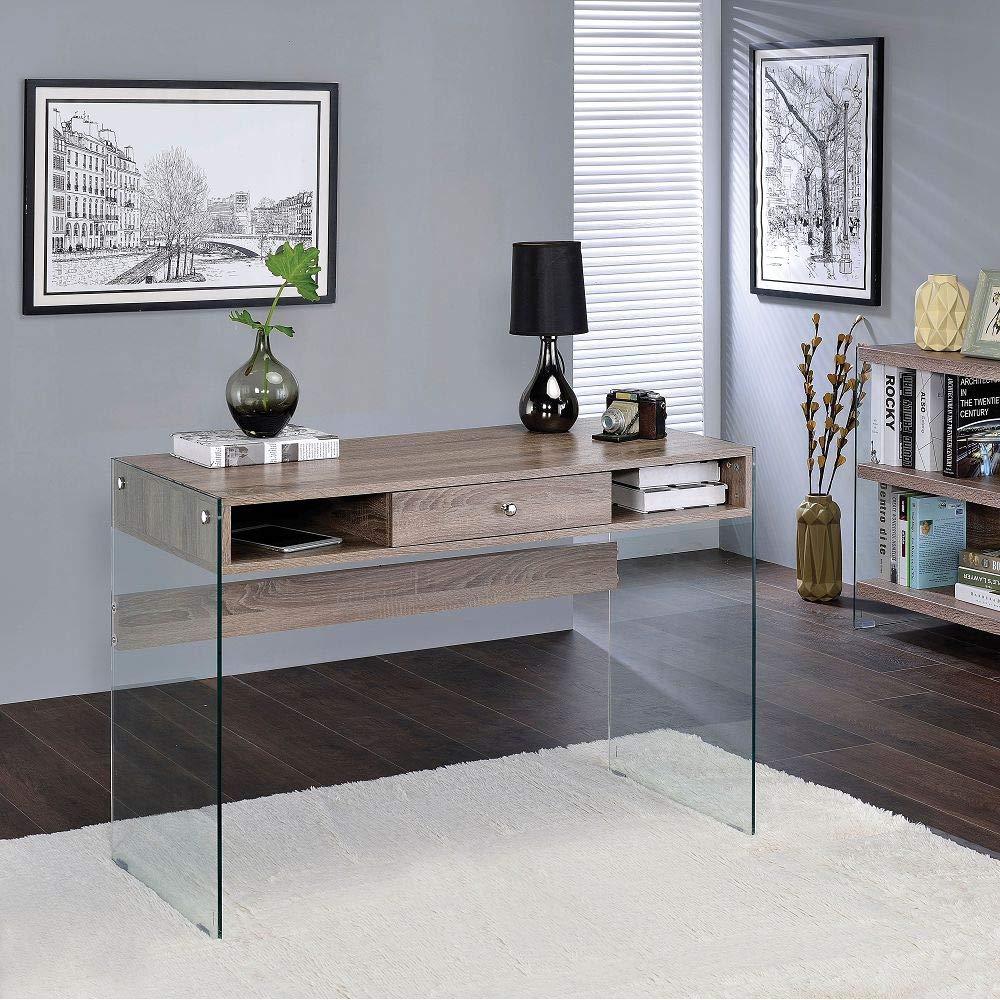 LUKYRA Modern Computer Desk with Drawers - Home Office Desk Study Writing Table with Storage, Gray Oak & Clear Glass - Perfect for Small Spaces, Work from Home & Student Dorm Rooms