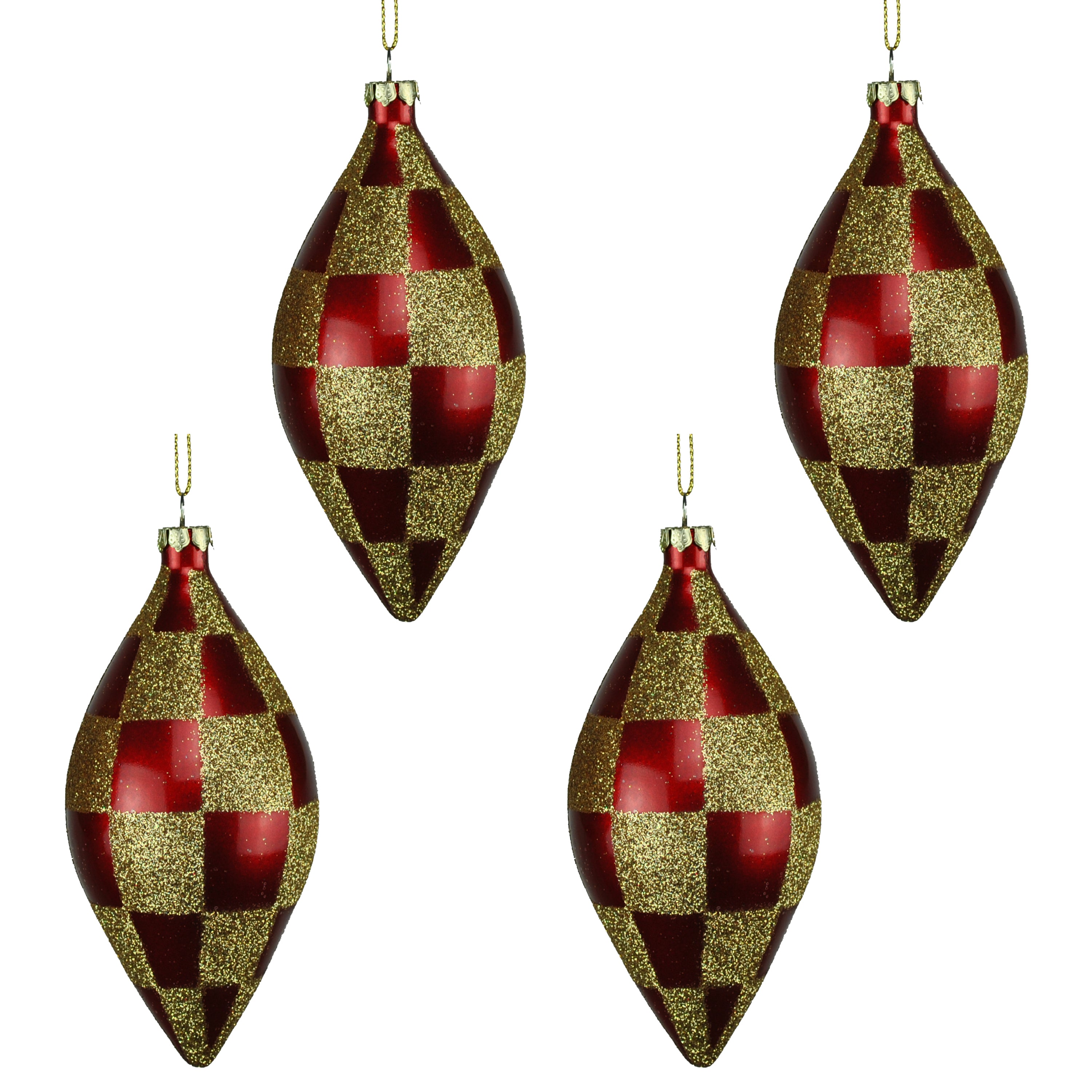4 Pack Red & Gold Checkered Christmas Teardrop Ornaments with Glitter - Festive Holiday Tree Decorations for Xmas, Home, Party & Gift Giving