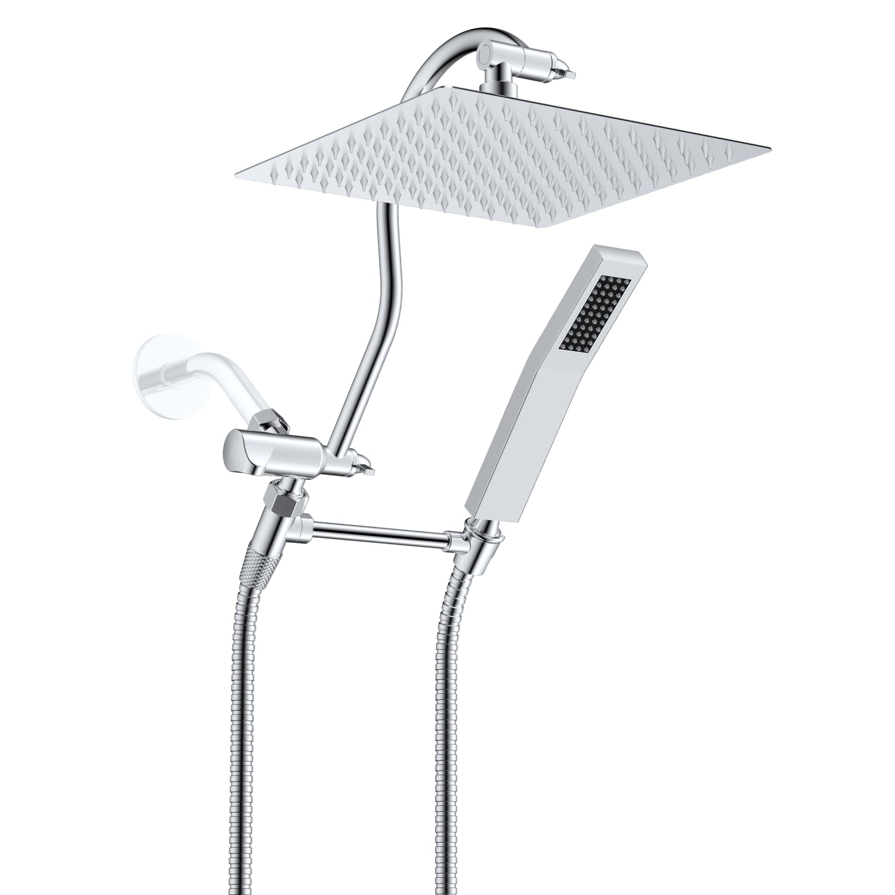 Hibbent All Metal High Pressure Rainfall Shower Head Combo - 10 Inch Chrome Showerhead with Adjustable 12