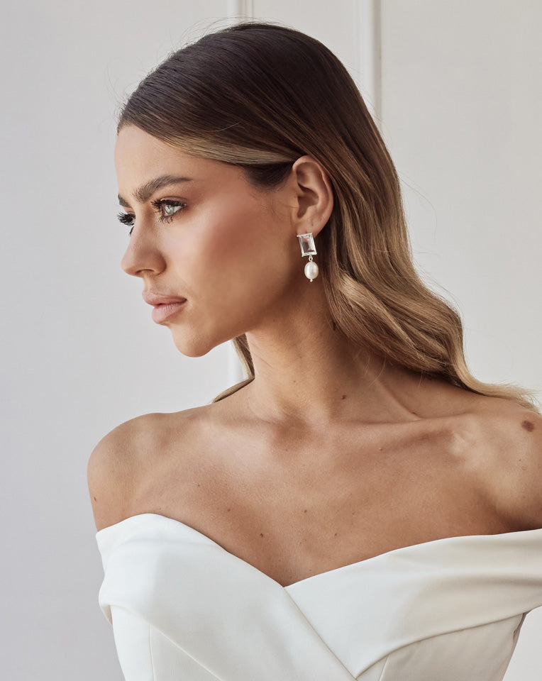 Modern Chic Clear Quartz Stud Earrings with Baroque Pearl Drop for Wedding | Thea by Lola Knight | Elegant Bridal Jewelry for Ceremony & Reception