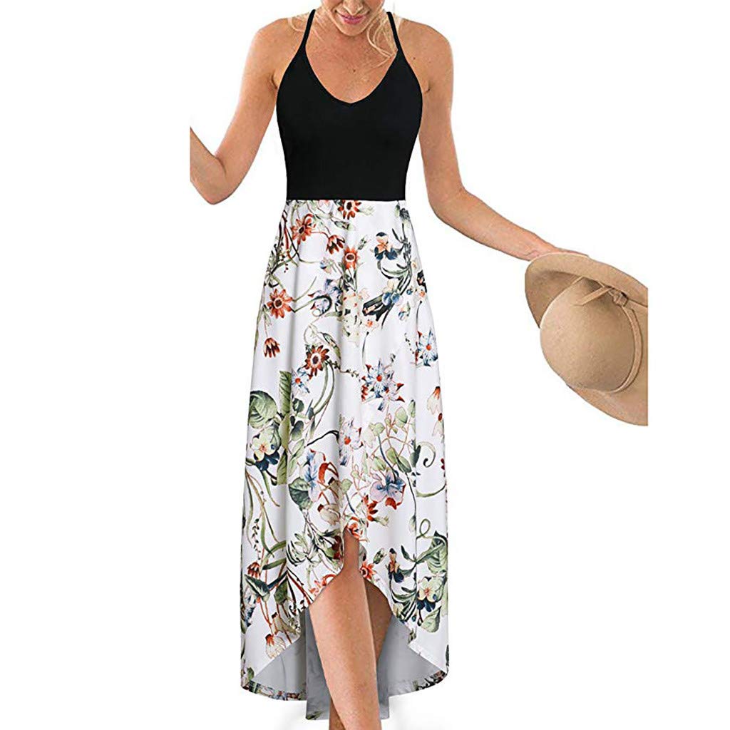 Women's Summer Maxi Dress - V Neck Sleeveless Backless Asymmetrical Patchwork Floral Casual Dress for Beach, Vacation & Outdoor Parties