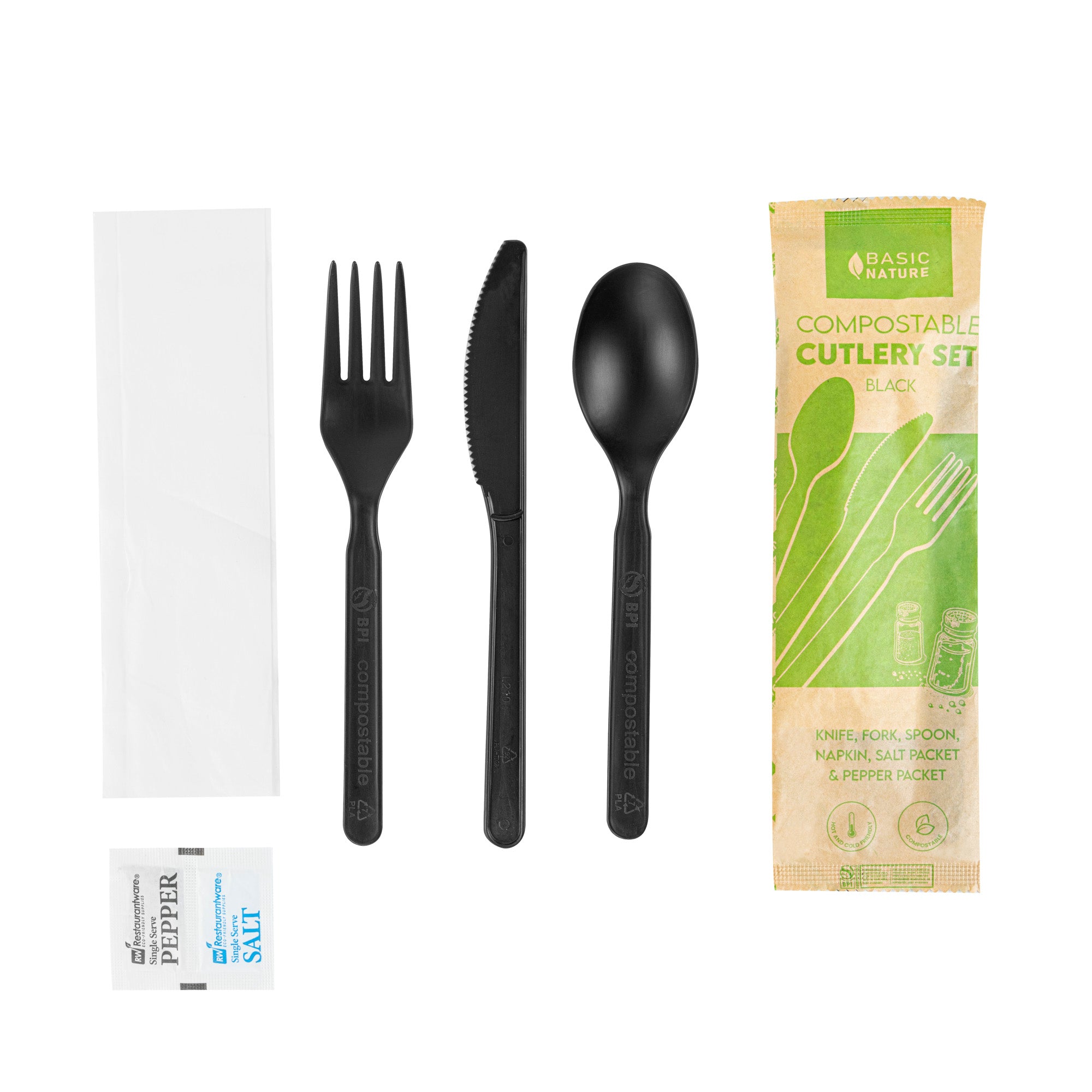 Eco-Friendly Black PLA Plastic Cutlery Set with Napkins & Salt/Pepper Packets - 500 Count Compostable Cutlery Kit (6.25