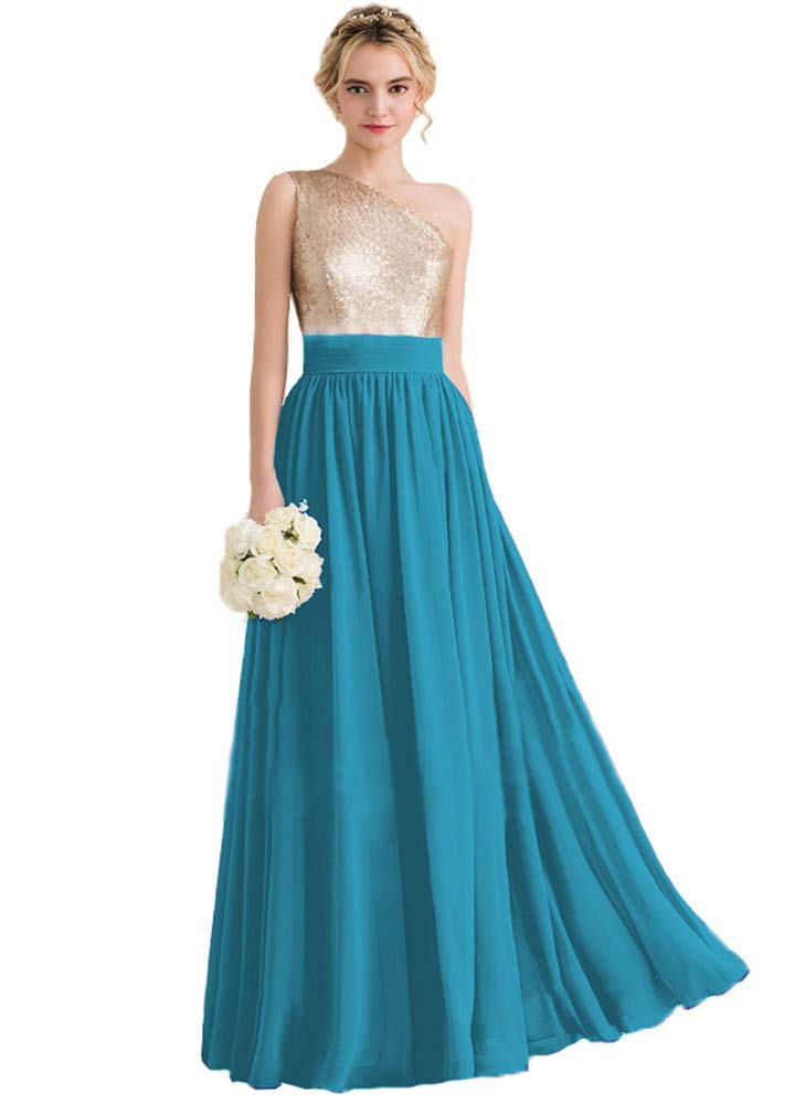 Clothfun One Shoulder Sequin Rose Gold Bridesmaid Dress - Long Chiffon Formal Evening Gown for Women | Perfect for Weddings, Proms & Special Occasions
