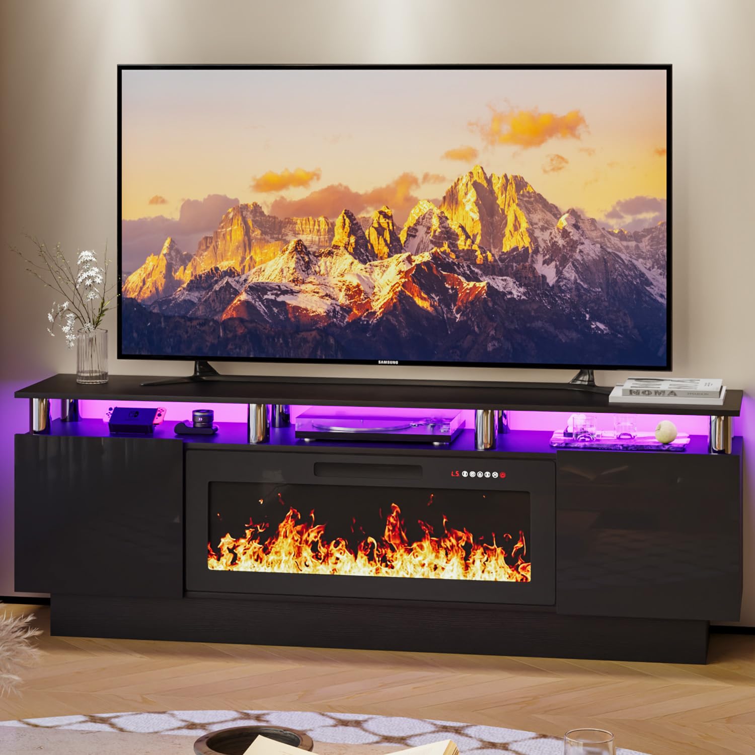 LEMBERI 70 Inch Modern Fireplace TV Stand for 80 Inch TVs - Wooden Entertainment Center with 36