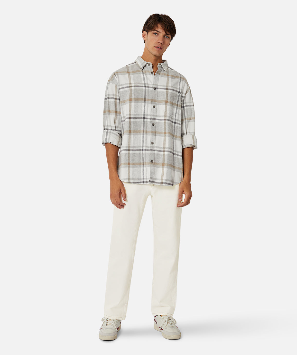 Premium Carver Long Sleeve Shirt for Men - Classic Grey & Brown Plaid Flannel - Comfortable Casual Wear for Outdoor Adventures & Fall Layering