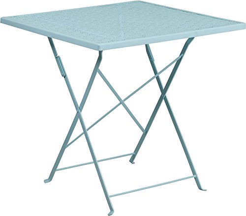 StarSun Depot 28 Inch Square Sky Blue Steel Folding Table - Indoor Outdoor Patio Dining Table 28