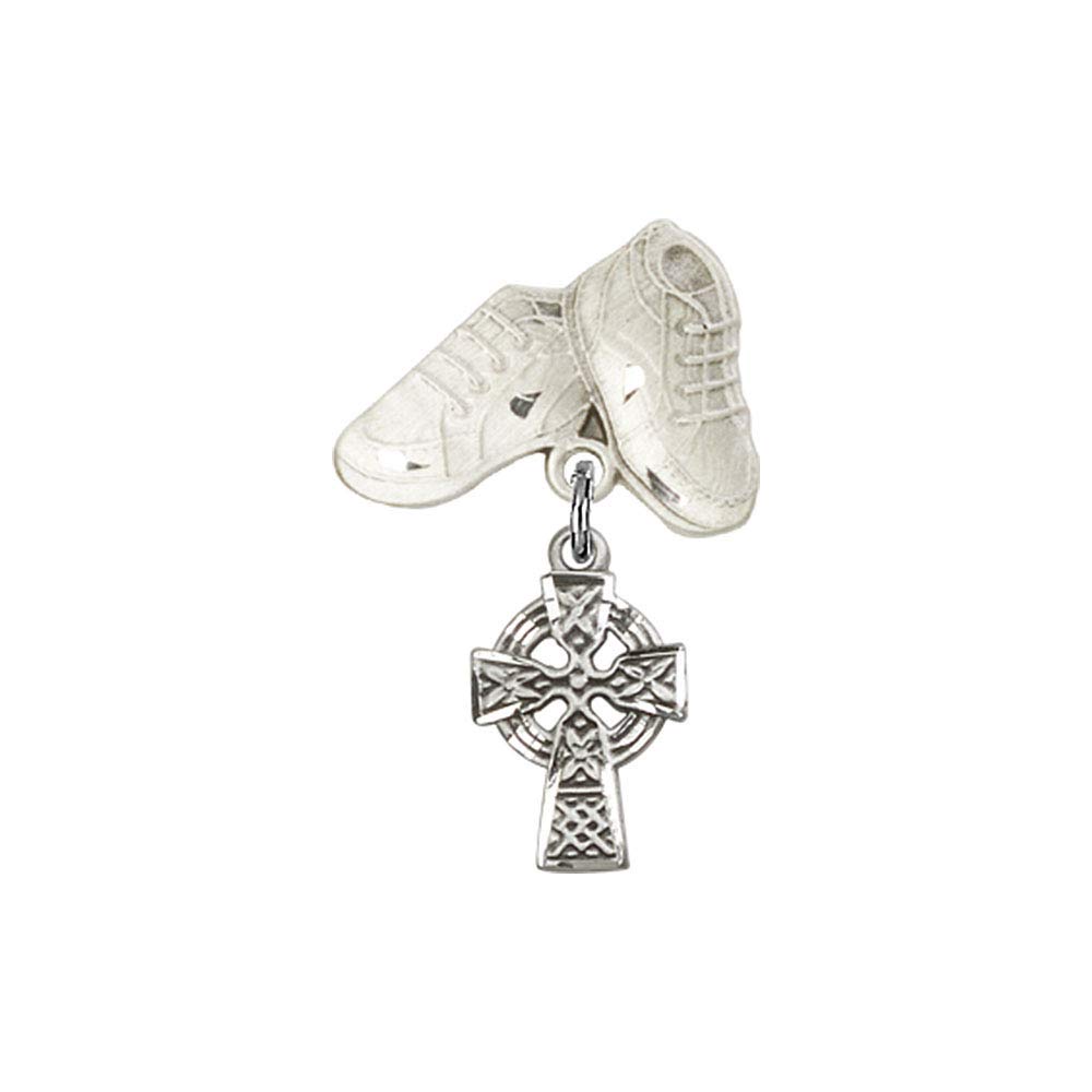 TONYS JEWELRY CO. Sterling Silver Baby Badge with Celtic Cross Charm & Baby Boots Pin - Perfect for Christening Gifts, Baby Showers & First Communion Jewelry
