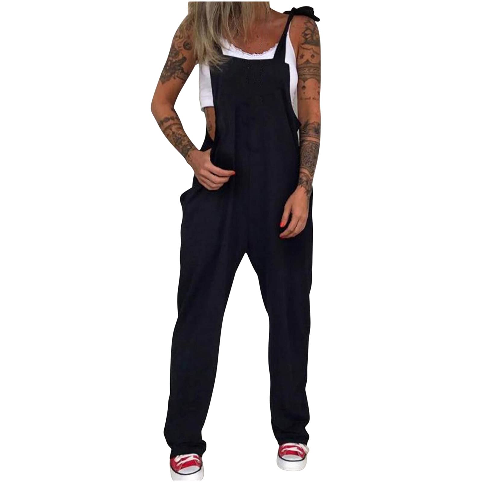 Women's Black Boho Jumpsuit - Casual Summer Romper with Leaf Print, Loose Fit Bib Overalls | Perfect for Beach Outings, Music Festivals & Boho Fashion Styles