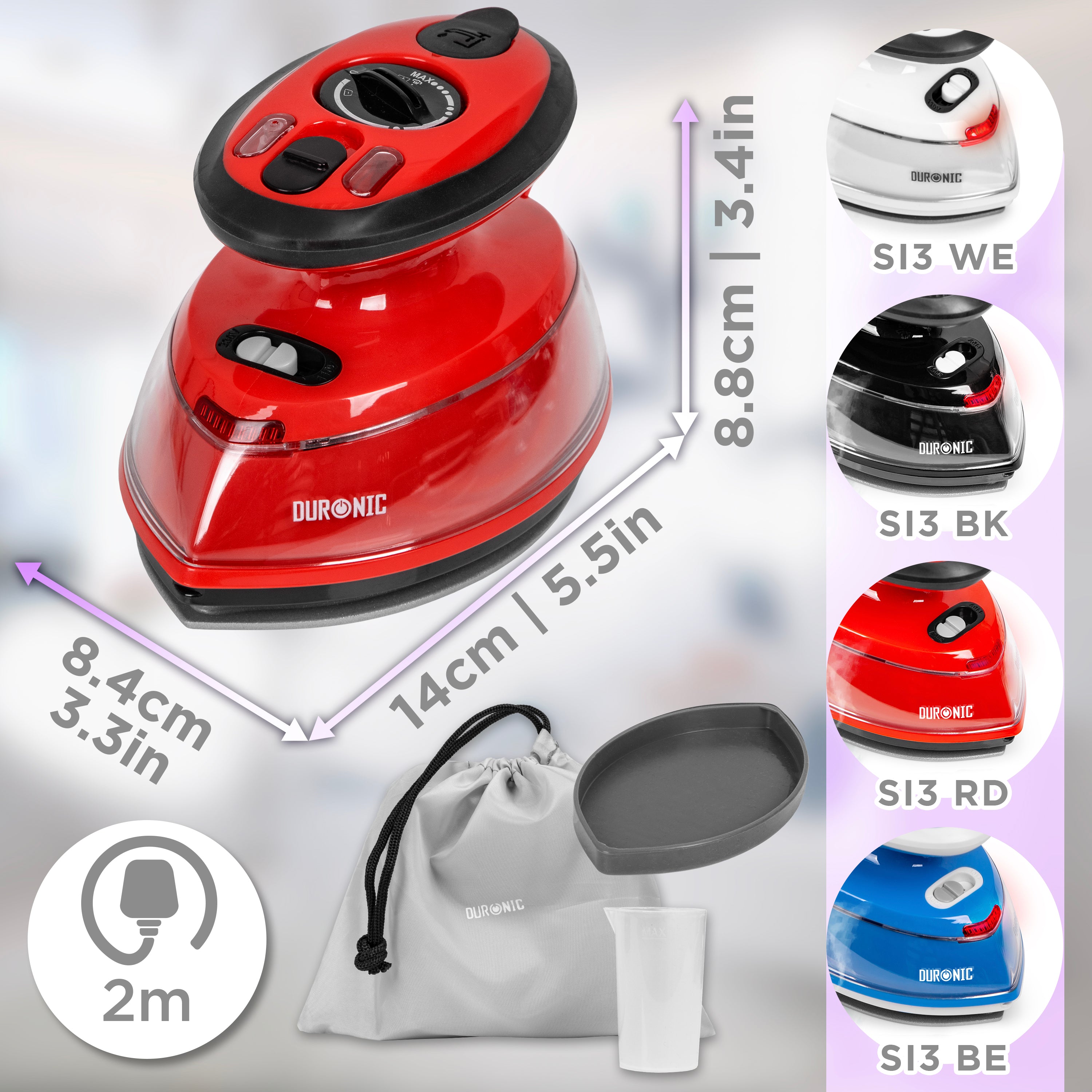 Duronic Steam Travel Iron Si3 RD - 400W Mini Compact Steamer with 35ml Water Tank, Adjustable Heat & Brush - Perfect for Quilting, Patchwork, Applique, Crafts & Holiday Travel