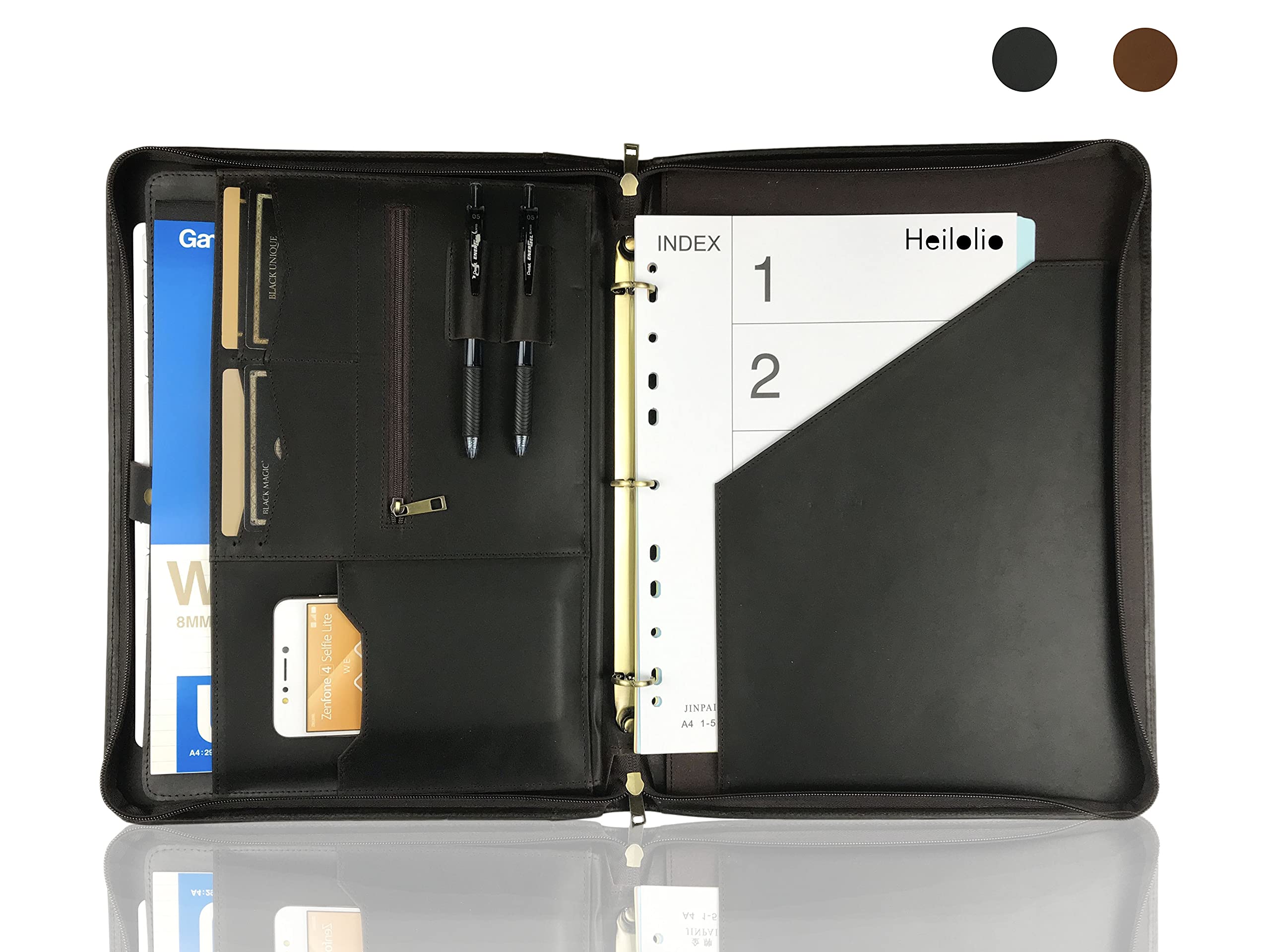 Premium Genuine Leather Portfolio for Men - Personalized Zipper Padfolio with 3-Ring Binder, Fits 13