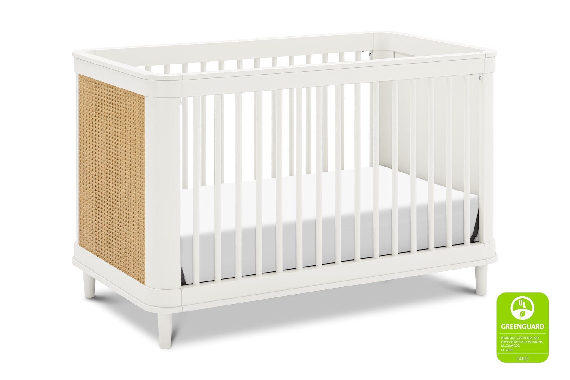 Namesake Marin 3-in-1 Convertible Baby Crib with Cane Accents - White Nursery Furniture for Newborn to Toddler | Perfect for Modern Nursery, Bedroom & Daycare Use