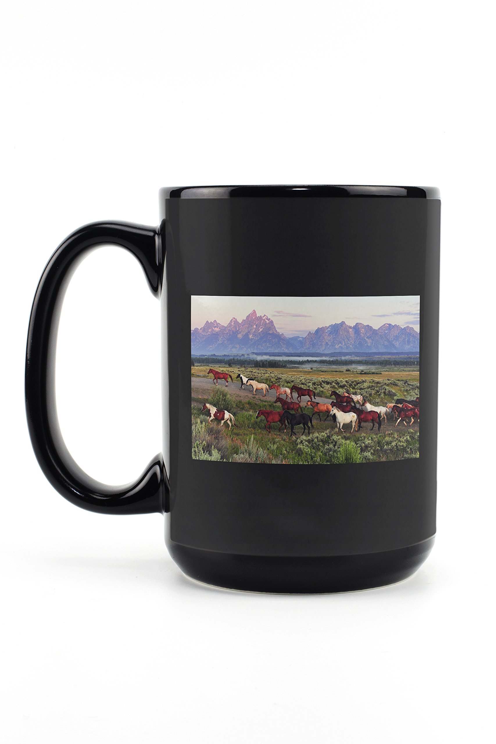 Wild Horses and Sunrise - 15oz Black Ceramic Coffee Mug & Tea Cup, Dishwasher & Microwave Safe - Perfect for Home, Office & Gifts - Ideal for Morning Coffee, Tea Breaks and Thoughtful Presents - Great for Daily Use, Office Desks, Cozy Mornings and Gift Giving