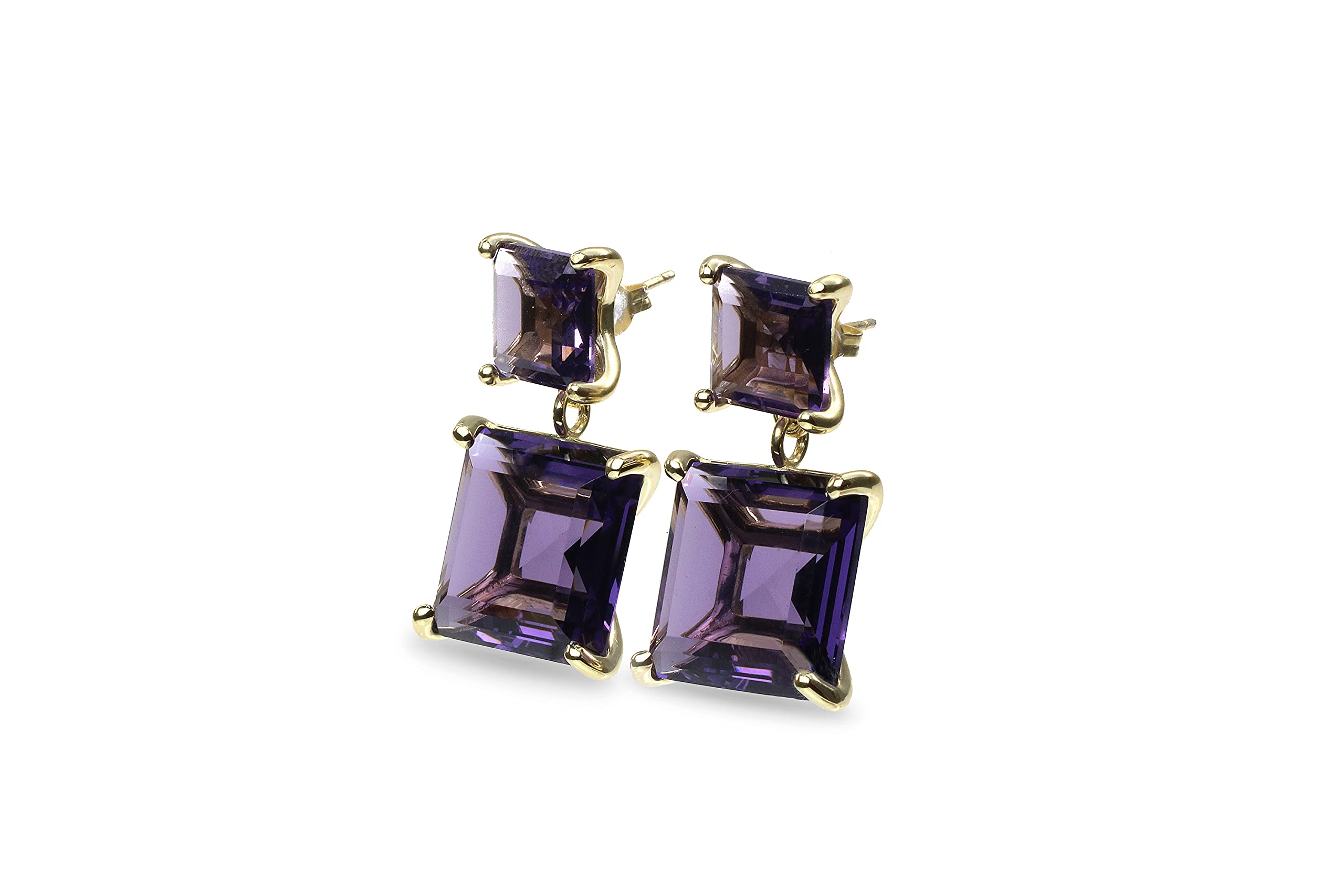 Two-Stone Gold Amethyst Earrings for Women - Elegant Statement Stud Earrings with Genuine Gemstones | Bridal Jewelry, Fashion Accessories, Birthstone Gift for Her | Perfect for Weddings, Parties & Special Occasions
