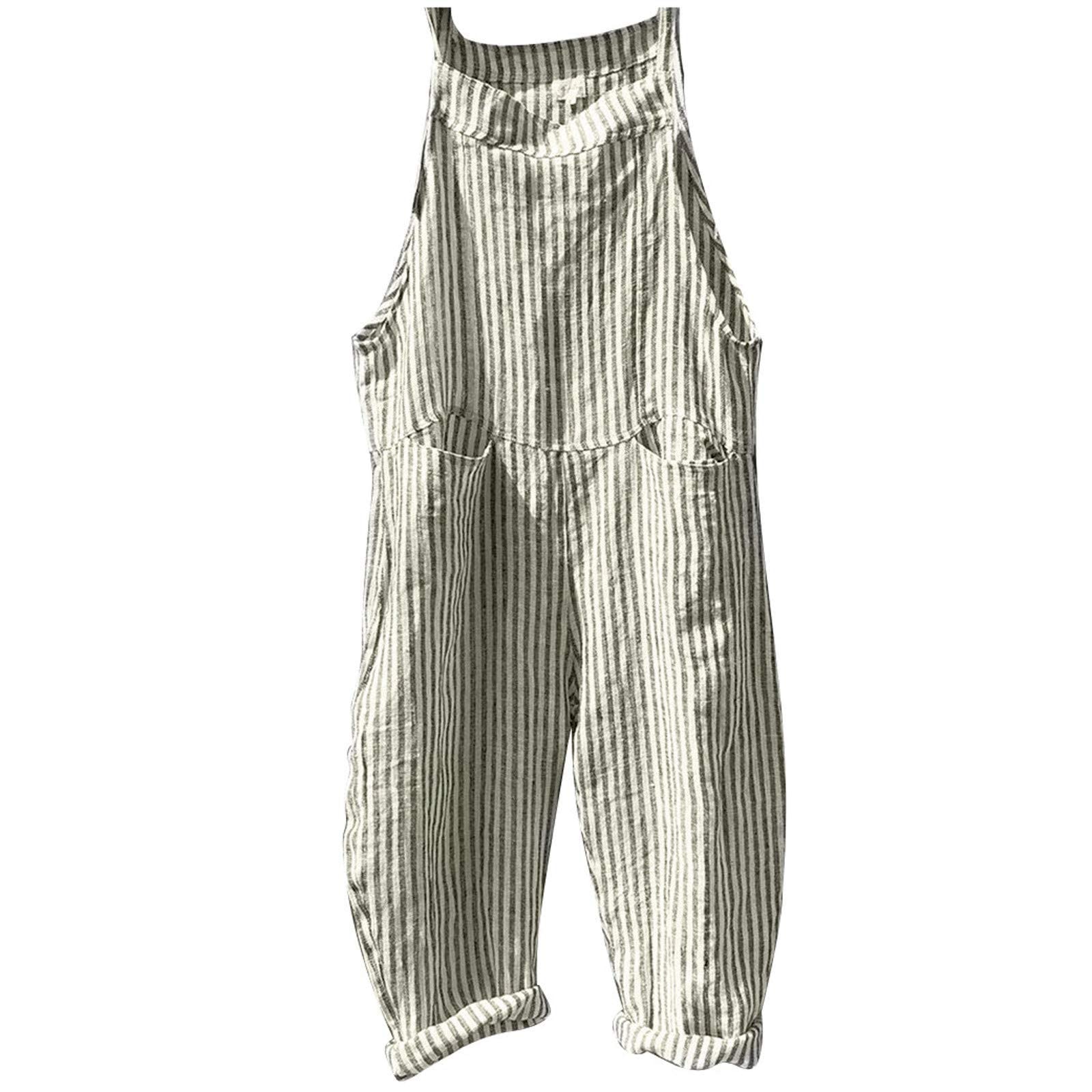 Women's Casual Sleeveless Striped Jumpsuit Overalls with Pockets - Summer Denim Shorts Romper for Outdoor Activities, Beach Vacations & Street Fashion