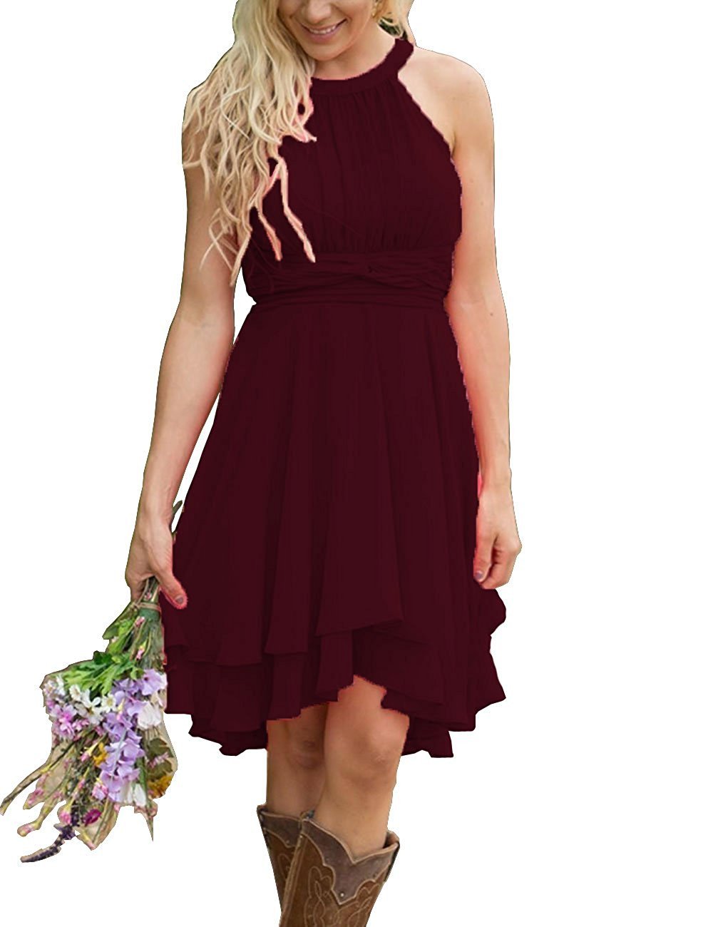 Elegant Halter Chiffon Bridesmaid Dress - Knee-Length Formal Gown for Prom, Homecoming, Beach Weddings & Party Guest Outfits | Perfect for Summer Events, Cocktail Parties & Special Occasions