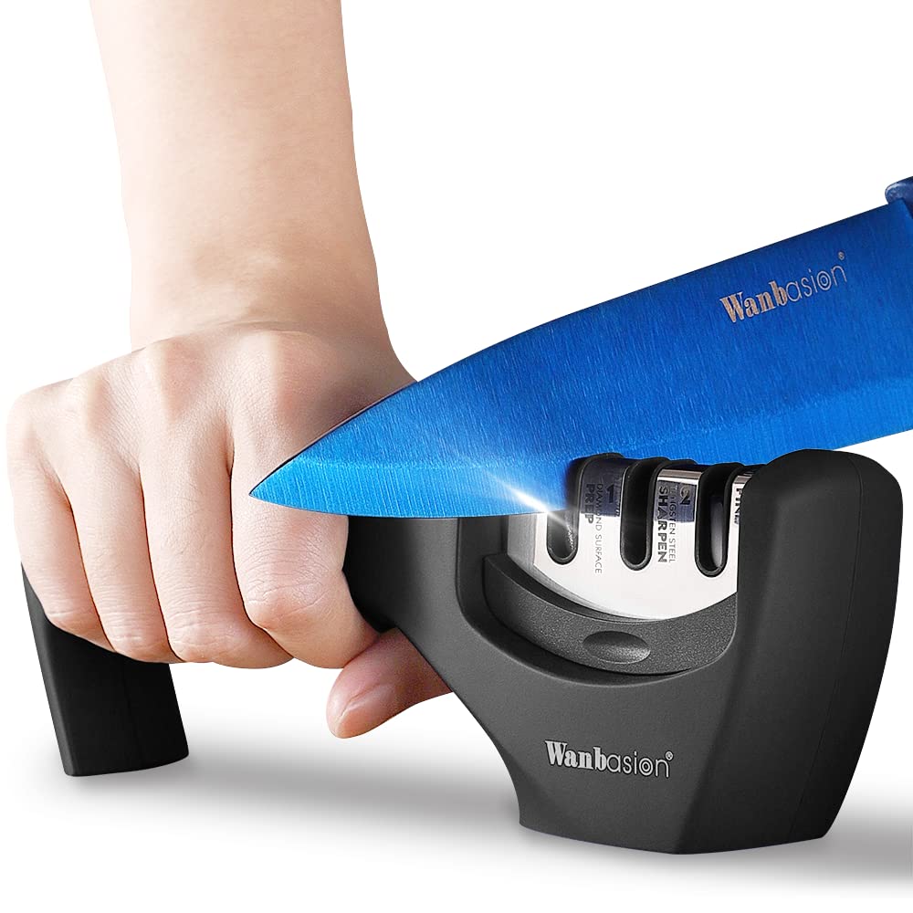 Wanbasion Professional 3-Stage Black Kitchen Knife Sharpener - Manual Sharpening Tool with Stainless Steel, Ceramic & Diamond Blades - Ideal for Home and Professional Kitchens