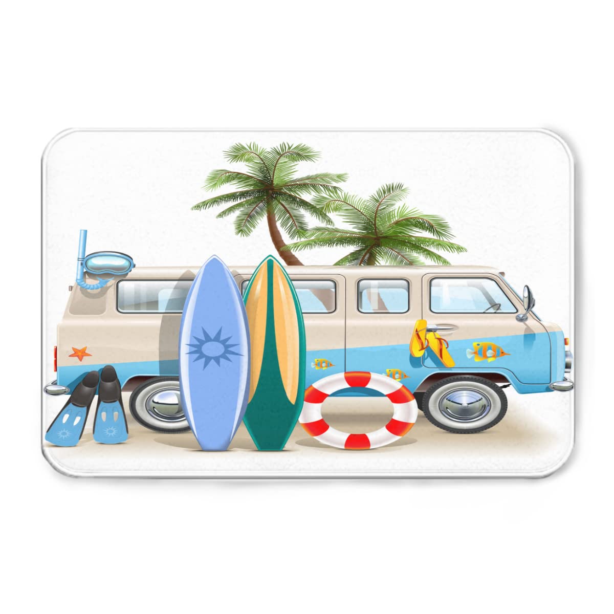 60x40 Inch Summer Surfboard Table & Scuba Gear - Non-Slip Flannel Fabric Bath Mat for Kitchen, Shower, Floor, Pet Area - Water Absorbent with Anti-Skid Backing (Perfect for Beach Houses, Pool Decks & Water Sports Enthusiasts)