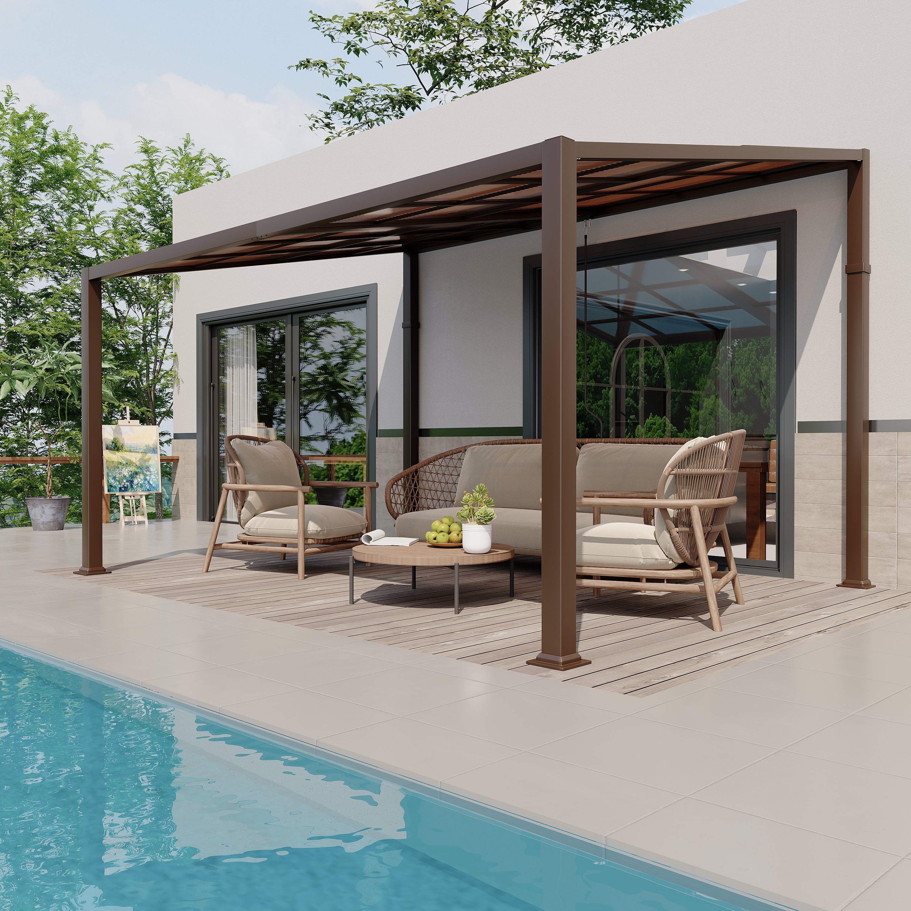 10' x 13' Lean-to Hardtop Gazebo with Adjustable Polycarbonate Roof - Durable Metal Frame Patio Cover for Outdoor Garden, Backyard, and Poolside Relaxation