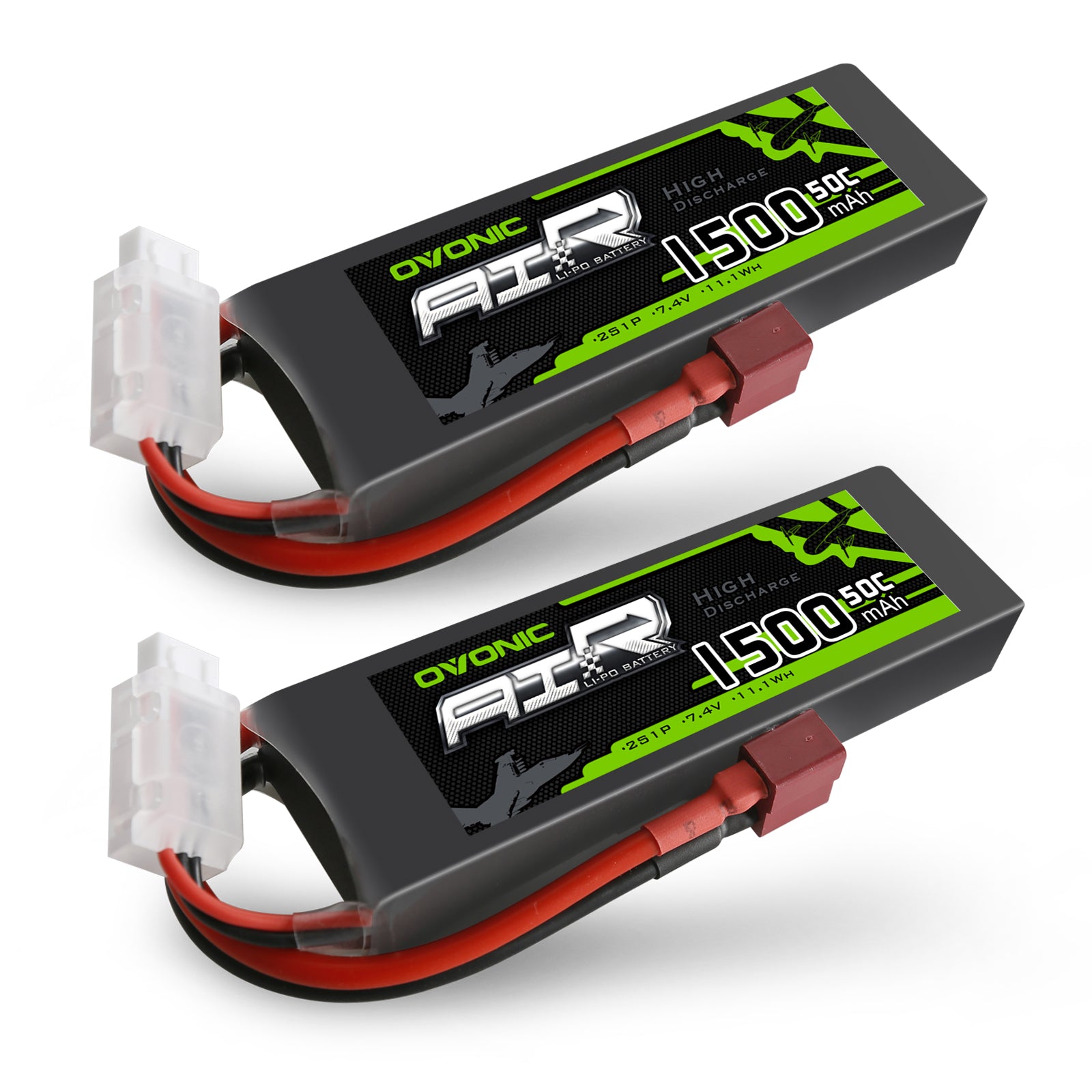 OVONIC 2S 7.4V 1500mAh 50C Lipo Battery Pack with T Plug - 2 Pack for RC Airplane, RC Helicopter, Drone FPV Racing - High Performance Rechargeable Battery for RC Models and Hobby Vehicles